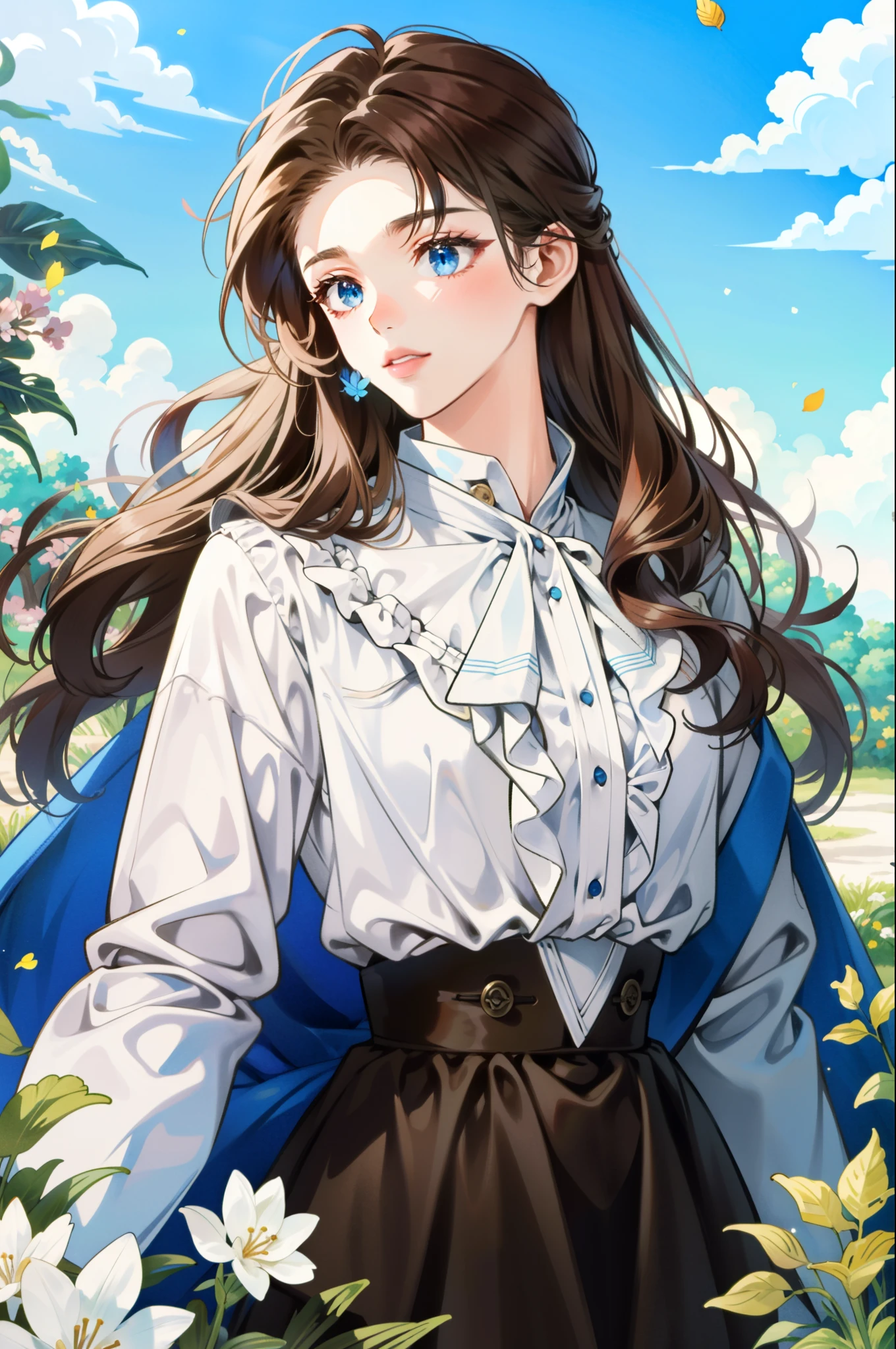 Girl, long brown hair, blue eyes, sharp features, white skin, pink lips, flowers, butterflies