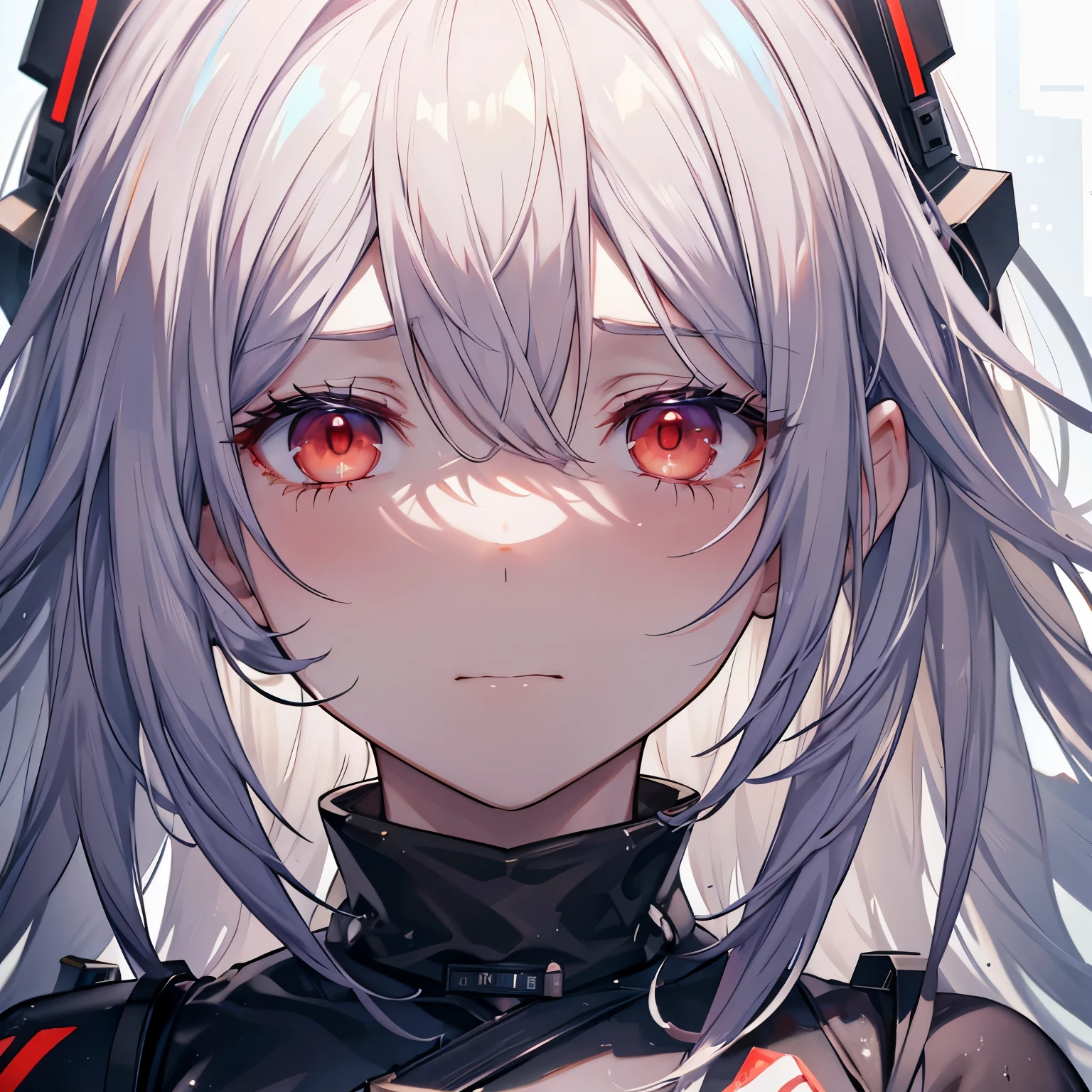 Myrtle, a character from Arknights, weeping, 1.4 High-definition, close-up, tear-streaked cheeks, red eyes, empathetic expression, 4K resolution, detail-oriented, textured skin, game graphic, realistic rendering, sorrowful figure, depicting vulnerability and emotion.
