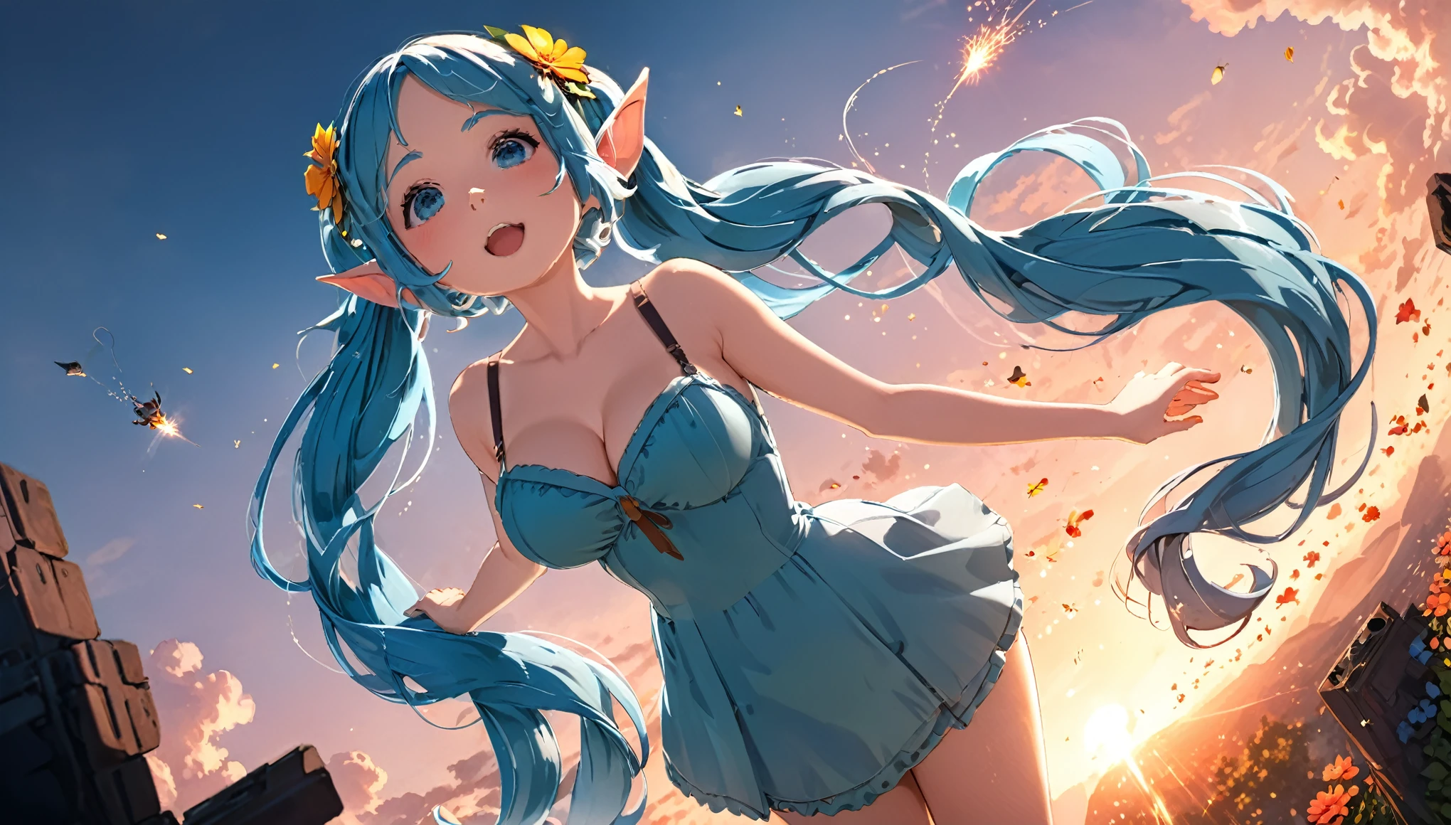 masterpiece, best quality, movie still, 1 elven girl, (Floating in the air), bright, happy, warm soft lighting, sunset, (sparks:0.7), look up from below , solo,  large breasts,  (whole body ) , blush, very long hair, bangs, light blue hair, hair style is twin tails,hair ornament is flower, pointed ears