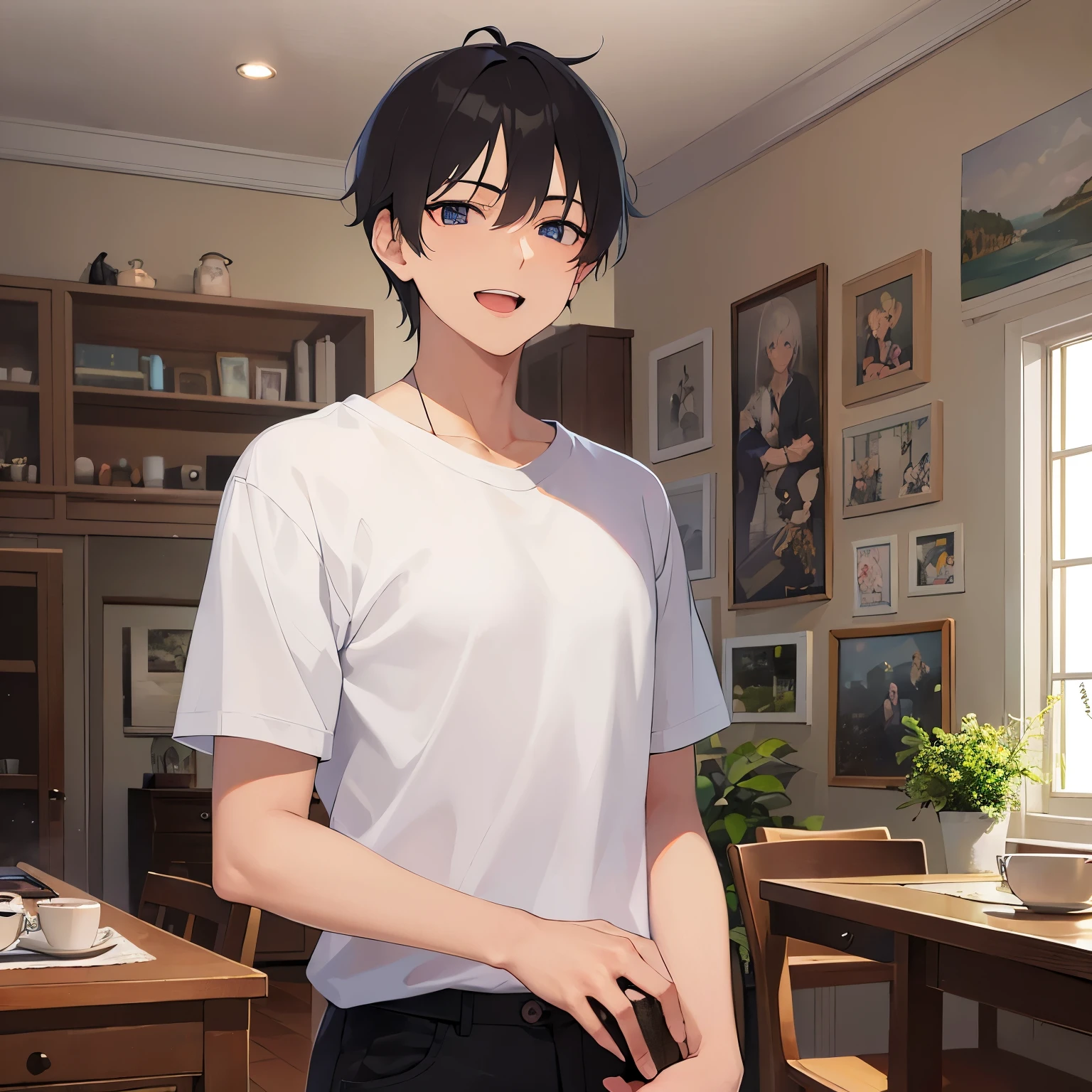 Upper body is shown、masterpiece、highest quality、(25 year old male:1.5) and (black short hair) and (blue eyes), plain white t-shirt、Are standing、smile、open mouth, The background is the living room、(Alone:1.5)