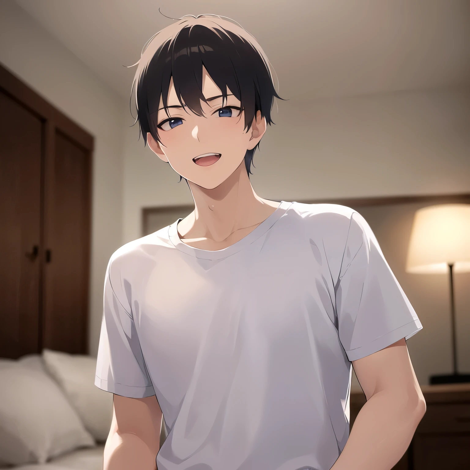 Upper body is shown、masterpiece、highest quality、(25 year old male:1.5) and (black short hair) and (blue eyes), plain white t-shirt、Are standing、smile、open mouth, The background is the living room、(Alone:1.5)