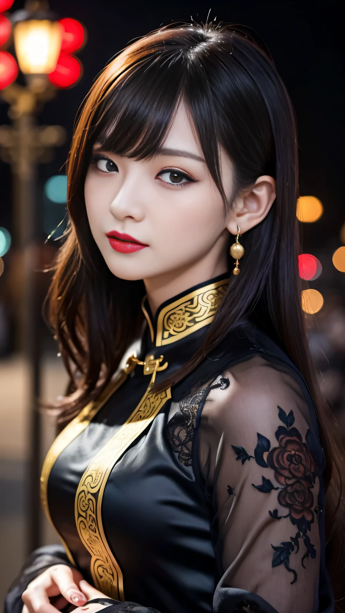tra-detailed、Japanese、attractive beauty、seductive adult woman、pretty woman、piercing eyes、cool girl、wavy hair、swept bangs、Long Black and Gold Cheongsam、wide sleeves、Evil cadres、evil depravity、brainwash、mind control、lipstick、lip gloss、dark makeup、smirk、whisper in your ear、Evil expression、evil、hollow eyes,half-closed eyes、empty eyes、evil、church at night、vampire、succubus、vampire、Swear allegiance、sexy pose
