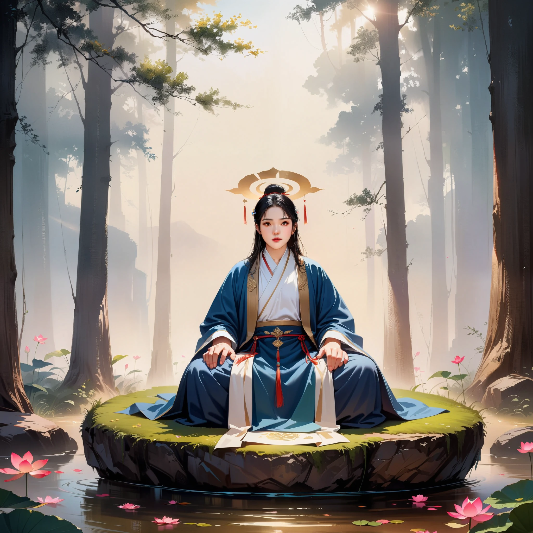 A wise, elderly Taoist monk sitting in lotus position, levitating above a moss-covered stone surrounded by a floating lotus flower, in an ancient forest with dense foliage, golden cloud patterns on his azure robe, ancient calligraphic symbols swirling around him, a halo of golden light descending from the sky, an aura of sacred serenity, forest creatures observing peacefully, the scent of sandalwood, the sound of a mountain stream, a mysterious cultivation scene.(best quality,4k,8k,highres,masterpiece:1.2),ultra-detailed,(realistic,photorealistic,photo-realistic:1.37),intricate details,award winning,cinematic lighting,dramatic shadows,richly detailed,volumetric lighting,highly detailed face,elegant composition,atmospheric,fantastical landscape,studio ghibli style