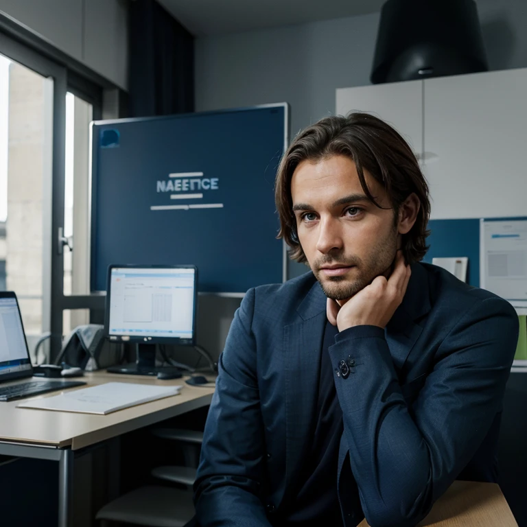 Homme brun aux yeux bleus assis à son bureau face à une caméra, il parle dans un micro avec une perche. nous le verrons de face comme si nous étions dans la caméra. il parle avec décontraction et professionnalisme