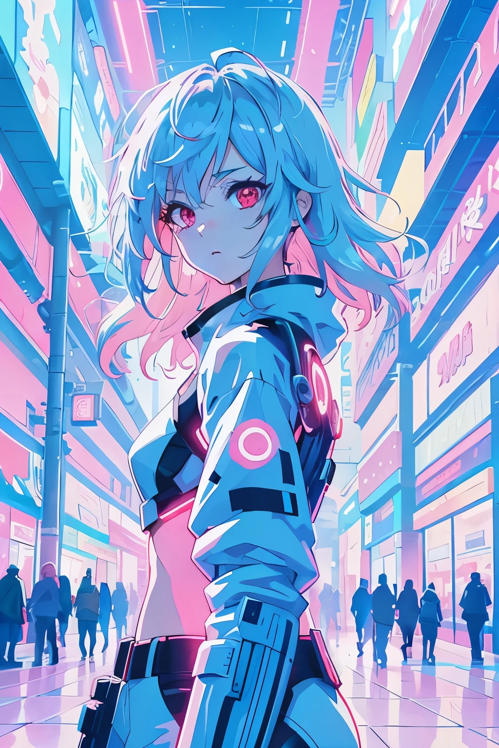 anime girl in futuristic outfit with futuristic lights in background, anime style 4 k, best anime 4k konachan wallpaper, digital cyberpunk - anime art, digital cyberpunk anime art, anime art wallpaper 4 k, anime art wallpaper 4k, bright cyberpunk glow, anime vibes, 8 0 s anime vibe, anime art wallpaper 8 k, anime wallpaper 4k，red eyes，red pupils，eyes are red，red eye