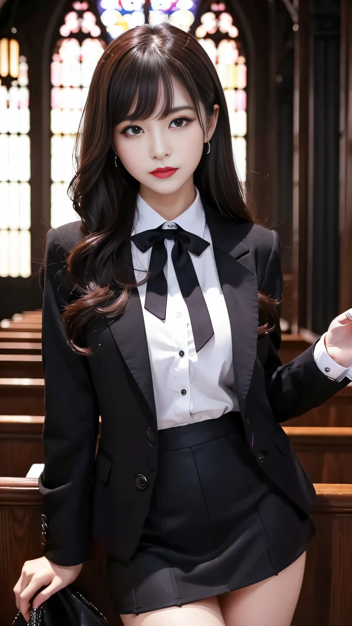 tra-detailed、Japanese、attractive beauty、seductive adult woman、pretty woman、piercing eyes、cool girl、wavy hair、swept bangs、suit、Jacket、blouse、ribbon、Tight Skirt、pantyhose、beautiful feet、Evil cadres、evil depravity、brainwash、mind control、lipstick、lip gloss、dark makeup、smirk、Whisper in my ear、Evil expression、evil、hollow eyes,half-closed eyes、empty eyes、evil、church at night、vampire、succubus、vampire、Swear allegiance、stand