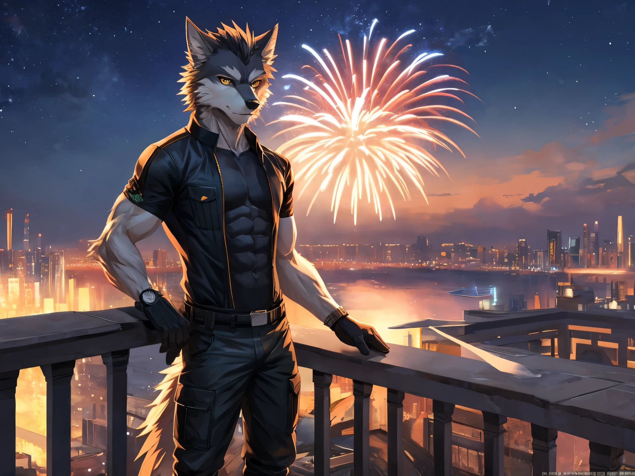 furry, male, anthro, (Wolf Tail), solo, (Realistic eye details:1.2), (beautiful detailed eyes), anime character there is a wolf male, alone, cool pose, moderate intensity body, golden eyes, combat black shirt, combat gloves, Hair coiled, combat pants, Handsome, nice, Watch fireworks, Leaning on the rooftop, evening, Leisure relaxation background, perfect ???????,realistic ???????, full body like, slim body, good looking, abs, muscular, anime style, 8k, 4k anime wallpaper, anime art wallpaper 8 k, 2 d art, 2d art, anime art wallpaper 4k, detail art