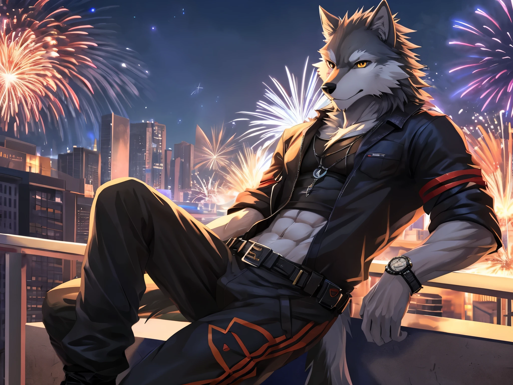 furry, male, anthro, (Wolf Tail), solo, (Realistic eye details:1.2), (beautiful detailed eyes), anime character there is a wolf male, alone, cool pose, moderate intensity body, golden eyes, combat black shirt, combat gloves, Hair coiled, combat pants, Handsome, nice, Watch fireworks, Leaning on the rooftop, evening, Leisure relaxation background, perfect anatomy,realistic anatomy, full body like, slim body, good looking, abs, muscular, anime style, 8k, 4k anime wallpaper, anime art wallpaper 8 k, 2 d art, 2d art, anime art wallpaper 4k, detail art