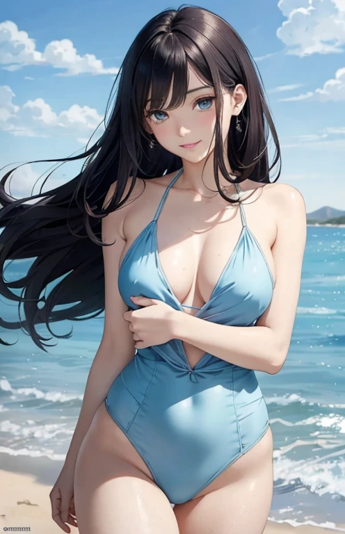 masterpiece、highest quality、High resolution、high quality images、8K, 1 female、skin luster、Texture of skin and clothing、Expression of fine eyes、shining black hair,long hair girl, Manga inspired by Lee Jong-suk, trending on deviantart, realism, detailed manga style, manga art style, perfect line drawing, beautiful line drawing, digital manga art girl, K-POPアイドル, dress, beautiful light blue eyes, plump lips, detailed gorgeous face, (cute smile), charm, innocent, Side view, (perfectly detailed face), (fine hands) photorealistic images, Depth of written boundary, half up hairstyle, warm sunshine,swimsuit,cloud,sky sky,sunset ,The skin is delicate,