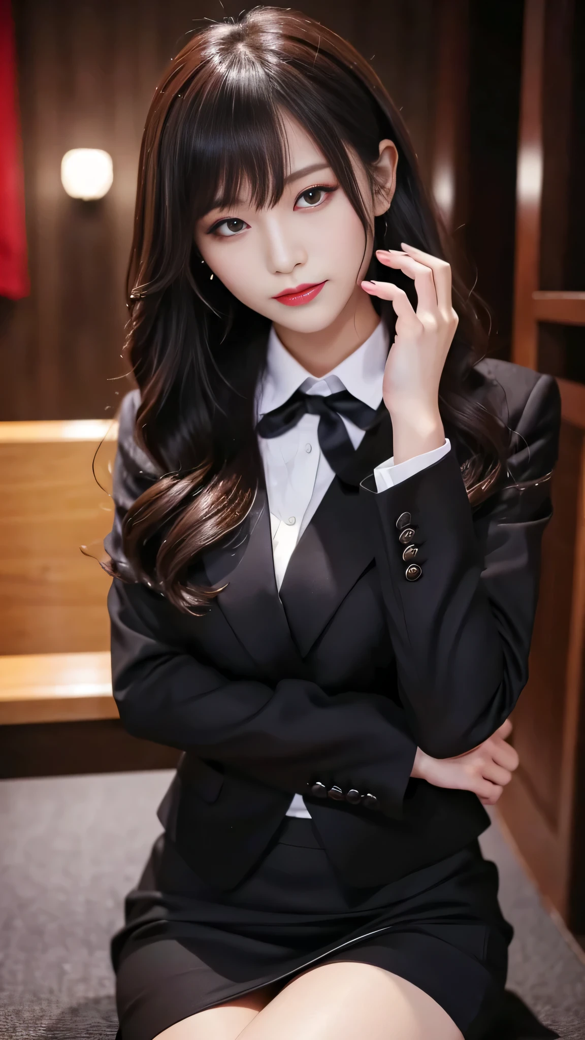 tra-detailed、Japanese、attractive beauty、seductive adult woman、pretty woman、piercing eyes、cool girl、wavy hair、swept bangs、suit、Jacket、blouse、ribbon、Tight Skirt、pantyhose、beautiful feet、Evil cadres、evil depravity、brainwash、mind control、lipstick、lip gloss、dark makeup、smirk、Whisper in my ear、Evil expression、evil、hollow eyes,half-closed eyes、empty eyes、evil、church at night、vampire、succubus、vampire、Swear allegiance、stand