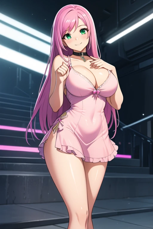 1 girl, 19 years old, Long pink hair, green eyes with slit pupils, master-piece, best quality, (standing up), (pink dress), (short pink dress, pink heels, cleavage),  (Big , ultra gigantic , Super super big, Glamorous body), Make eye contact with the camera, front figure, looking forward, (light_Smile:1.5), (Detailed hands and fingers:1.2) (Cyberpunk City), (FULL BODYSHOT), thighs thighs thighs thighs、beauty legs、