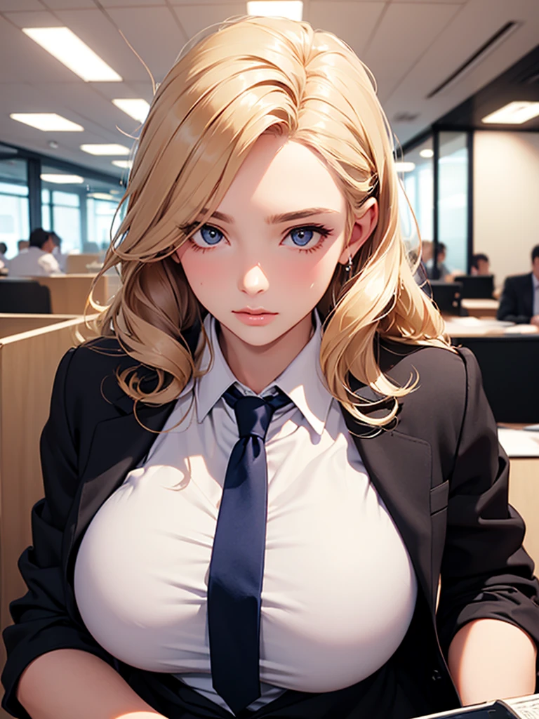 looking at the audience , whole body, Upper body focus, actual,shiny skin,(Female office worker),business suit,, , (pretty face:1.1),(masterpiece, high quality:1.2) huge breasts, maternal love, porcelain skin, Dear Blonde, Very long hair, curls,aldult