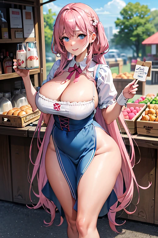 (best quality:1.1), (masterpiece:1.4), (absurdres:1.0), portrait, close-up,
1girl, low-tied_long_hair, hair ends, very long hair, pink hair, (huge breasts), blue eyes, milkmaid dress, looking at viewer, outdoors, (blush:1.2), city, big ass, smile, young, slutty, dirndl, milk, wide hips, voluptuous, droopy eyes, dumb girl, ditzy, large cleavage, (milk bottles), market stand, (selling milk),