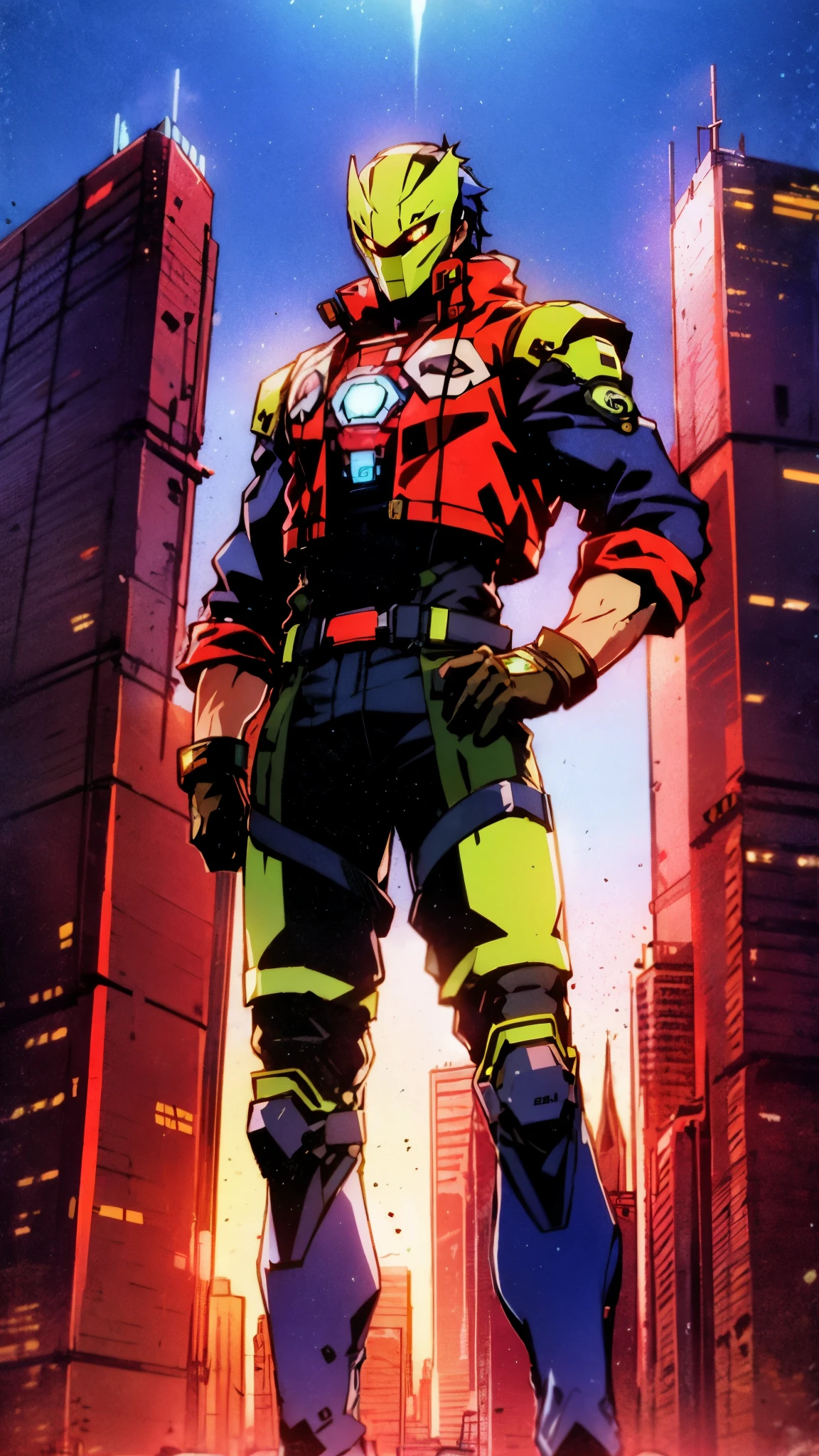 A man with blue hair tied in a ponytail, his face concealed by a falcon concept mask, full mask, stands tall and imposing, a futuristic sci-fi style short jacket, a dark bodysuit, matching trousers, a belt cinched at the waist, colorful gloves, he stands atop a futuristic high-rise, city night view, this character embodies a finely crafted futuristic sci-fi style masked hero in anime style, exquisite and mature manga art style, high definition, best quality, highres, ultra-detailed, ultra-fine painting, extremely delicate, professional, perfect body proportions, golden ratio, anatomically correct, symmetrical face, extremely detailed eyes and face, high quality eyes, creativity, RAW photo, UHD, 32k, Natural light, cinematic lighting, masterpiece-anatomy-perfect, masterpiece:1.5