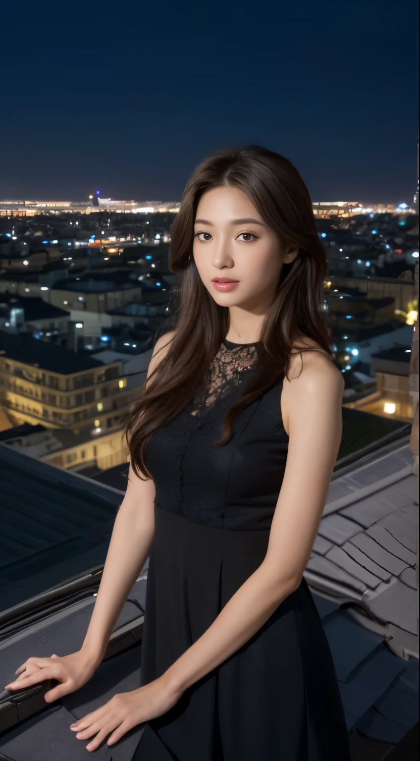 ((midnight、top quality、8K、Masterpiece:1.3)),Full body female love,long legs,sharp focus:1.2,Beautiful woman with perfect body:1.4,((Dark brown hair、half length)),((night view、on the roof:1.3)),Highly detailed facial and skin textures,Acne-free skin,delicate eyes,double eyelids,brown eyes,The nose is small and well-proportioned,