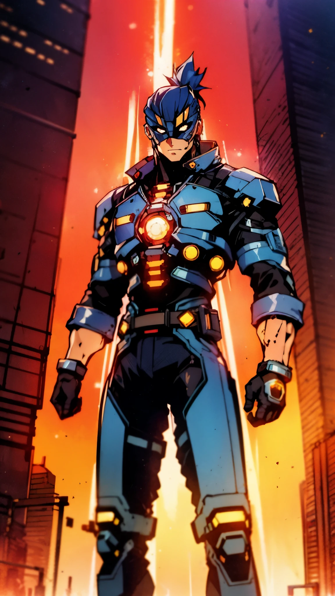 A man with blue hair tied in a ponytail, his face concealed by a falcon concept mask, full mask, stands tall and imposing, a futuristic sci-fi style short jacket, a dark bodysuit, matching trousers, a belt cinched at the waist, colorful gloves, he stands atop a futuristic high-rise, city night view, this character embodies a finely crafted futuristic sci-fi style masked hero in anime style, exquisite and mature manga art style, high definition, best quality, highres, ultra-detailed, ultra-fine painting, extremely delicate, professional, perfect body proportions, golden ratio, anatomically correct, symmetrical face, extremely detailed eyes and face, high quality eyes, creativity, RAW photo, UHD, 32k, Natural light, cinematic lighting, masterpiece-anatomy-perfect, masterpiece:1.5