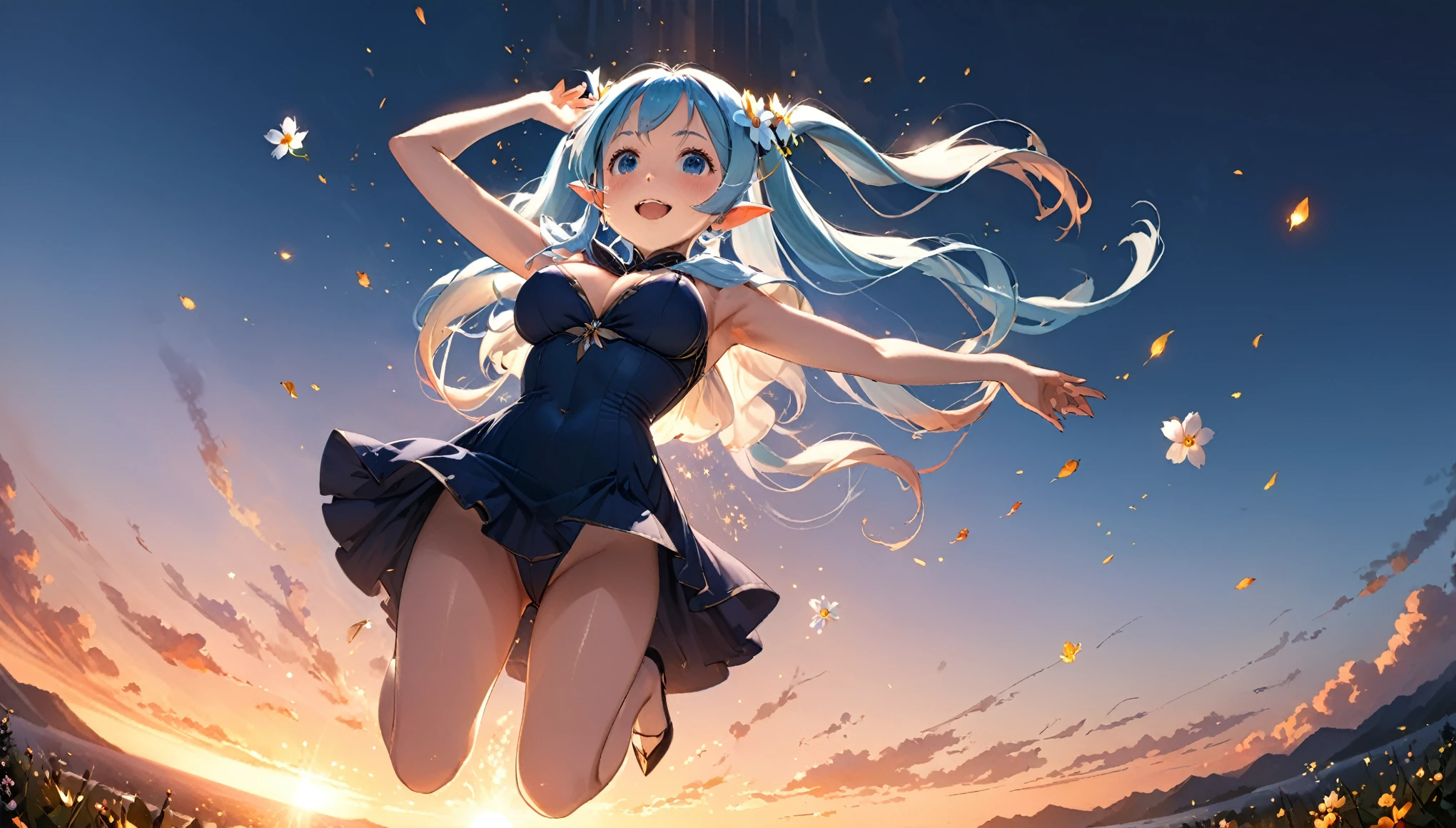 masterpiece, best quality, movie still, 1 elven girl, (Floating in the air), bright, happy, warm soft lighting, sunset, (sparks:0.7), look up from below , solo, large breasts, (whole body ) , blush, very long hair, bangs, light blue hair, hair style is twin tails,hair ornament is flower, pointed ears