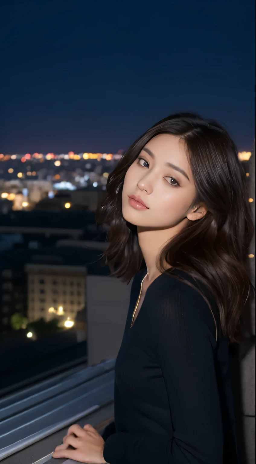 ((midnight、top quality、8K、Masterpiece:1.3)),Full body female love,long legs,sharp focus:1.2,Beautiful woman with perfect body:1.4,((Dark brown hair、half length)),((night view、on the roof:1.3)),Highly detailed facial and skin textures,Acne-free skin,delicate eyes,double eyelids,brown eyes,The nose is small and well-proportioned,