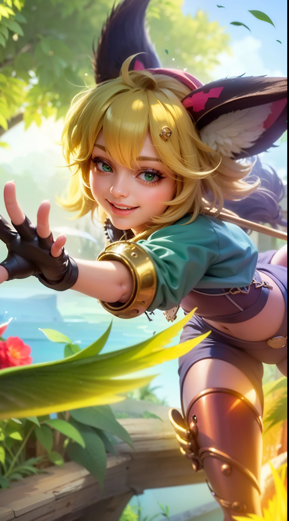 a girl with a cat hat and gloves, 8k, ultra hd, ultra detailed texture, hyper realistic, masterpiece, detailed texture, detailed face, detailed skin, detailed lighting, (photorealistic:1.5), best quality, beautiful lighting, cinematic lighting, professional lighting, ultra highres, realistic, detailed hair, real hair, high quality, (realskin:1.5), extremely detailed, finely detail, ultra-detailed, green eyes, smile.