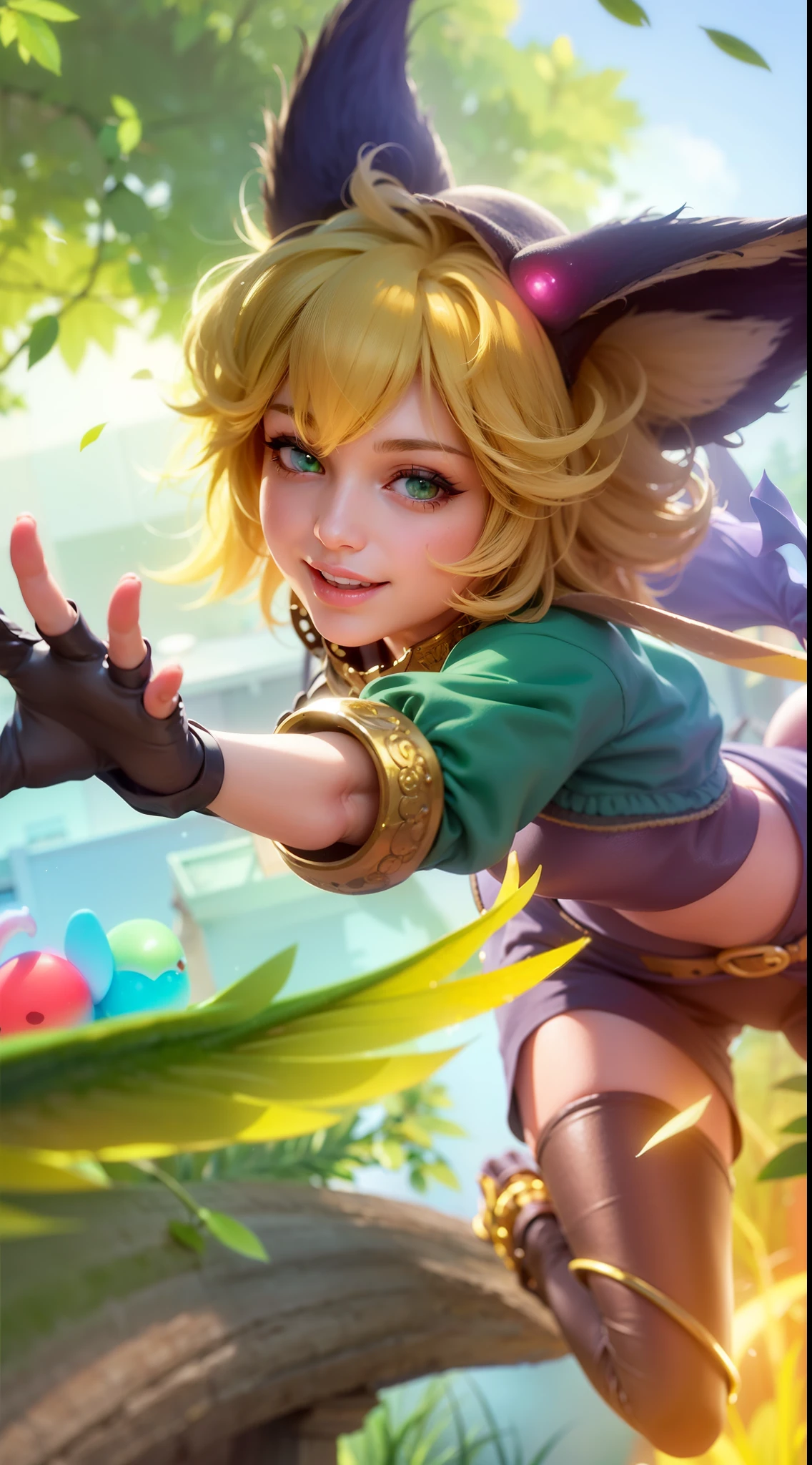 a girl with a cat hat and gloves, 8k, ultra hd, ultra detailed texture, hyper realistic, masterpiece, detailed texture, detailed face, detailed skin, detailed lighting, (photorealistic:1.5), best quality, beautiful lighting, cinematic lighting, professional lighting, ultra highres, realistic, detailed hair, real hair, high quality, (realskin:1.5), extremely detailed, finely detail, ultra-detailed, green eyes, smile.