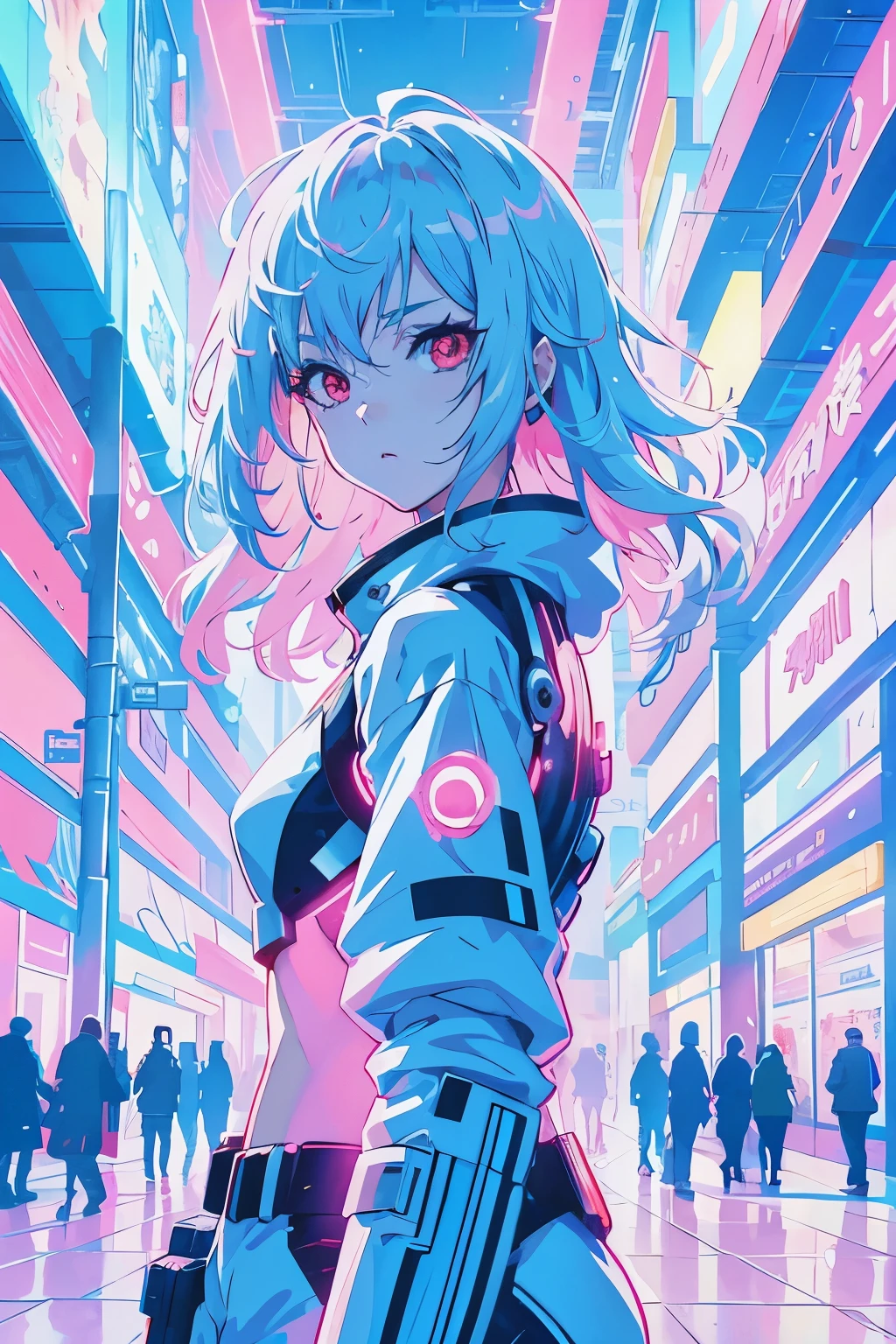 anime girl in futuristic outfit with futuristic lights in background, anime style 4 k, best anime 4k konachan wallpaper, digital cyberpunk - anime art, digital cyberpunk anime art, anime art wallpaper 4 k, anime art wallpaper 4k, bright cyberpunk glow, anime vibes, 8 0 s anime vibe, anime art wallpaper 8 k, anime wallpaper 4k，red eyes，red pupils，eyes are red，red eye