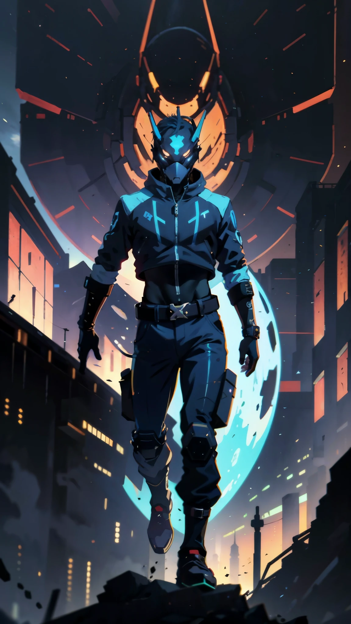 A man with blue hair tied in a ponytail, his face concealed by a falcon concept mask, full mask, stands tall and imposing, a futuristic sci-fi style short jacket, a dark bodysuit, matching trousers, a belt cinched at the waist, colorful gloves, he stands atop a futuristic high-rise, city night view, this character embodies a finely crafted futuristic sci-fi style masked hero in anime style, exquisite and mature manga art style, high definition, best quality, highres, ultra-detailed, ultra-fine painting, extremely delicate, professional, perfect body proportions, golden ratio, anatomically correct, symmetrical face, extremely detailed eyes and face, high quality eyes, creativity, RAW photo, UHD, 32k, Natural light, cinematic lighting, masterpiece-anatomy-perfect, masterpiece:1.5