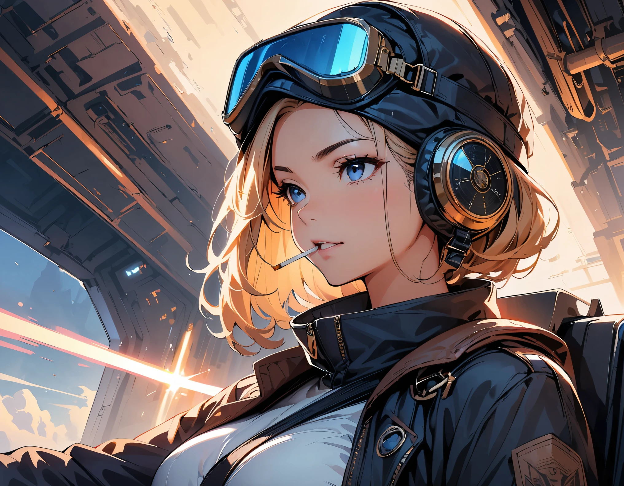 (highest quality, 4k, 8K, High resolution, masterpiece:1.2), Super detailed, one person, woman, steampunk design, Aviator Cap, goggles, flight jacket, In the cockpit, face up shot, Eyes on the Instruments, Bouncing gauge needles, Meters on the entire cockpit, vapor, cigarette, powerful stroke, high contrast, Heroic portrait, adrenaline rush, Detailed weapons, strength, impact, energy, Violent, タバコを咥えたwoman。