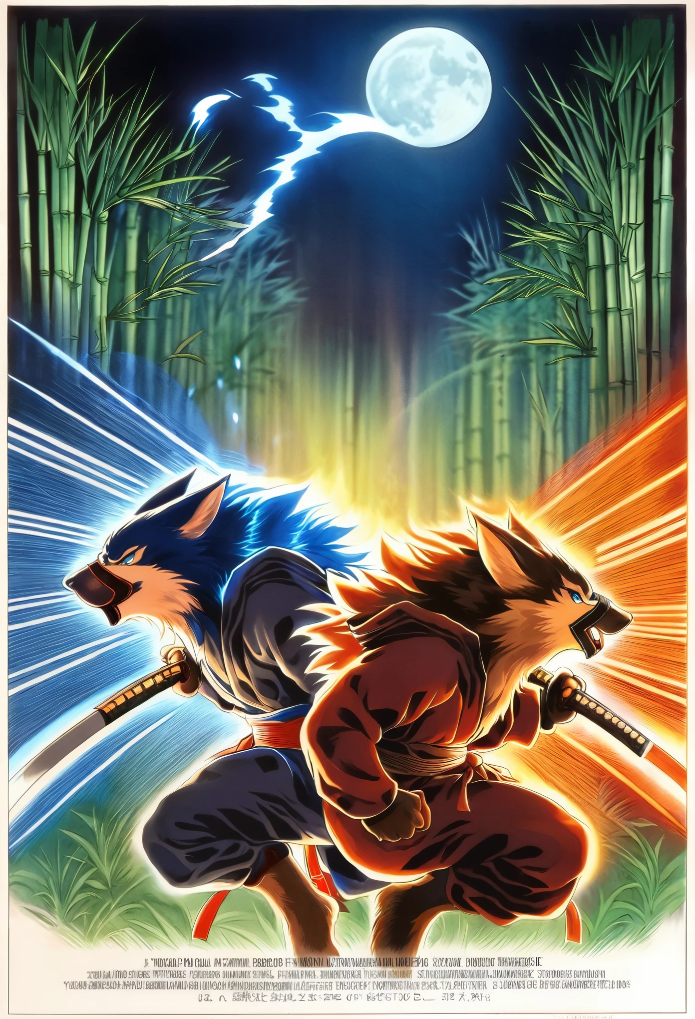 Top quality ultra-fine illustrations, movie poster, Zatoichi, Blind Swordsman (bamboo forest, dark night with beautiful full moon, rays of light through bamboo, backlighting, Tyndall phenomenon) (beautiful face and eyes with great detail) absurdres perfect anatomy ((Beastman))) (furry, pair, Japanese kimono, ninja, sword with blue flames, battle duels, concentration lines) (furry anthro:1.7) ((((furry body, animal facial features, animal body features)))) ((((animal muzzle highly detailed fur)))) full body, sturdy look, shouting, combat regime (dynamic pose),