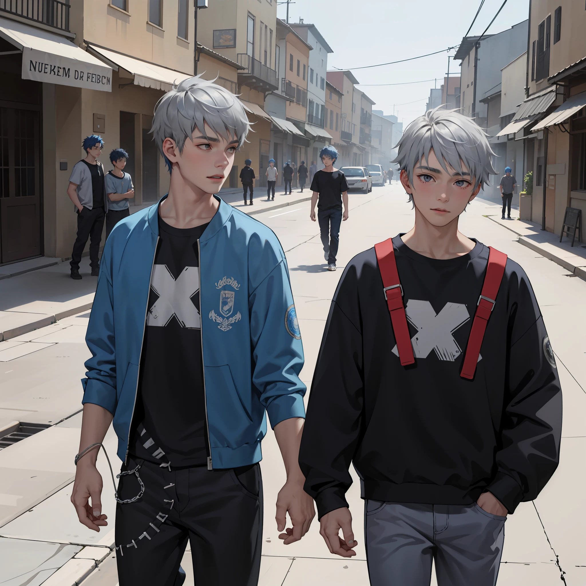 In the background is a silver city Two 15-year-old teenage friends with blue hair, With Latin skin and light gray hair on the outskirts of a large silver city they are talking about an important topic they are friends almost like brothers........