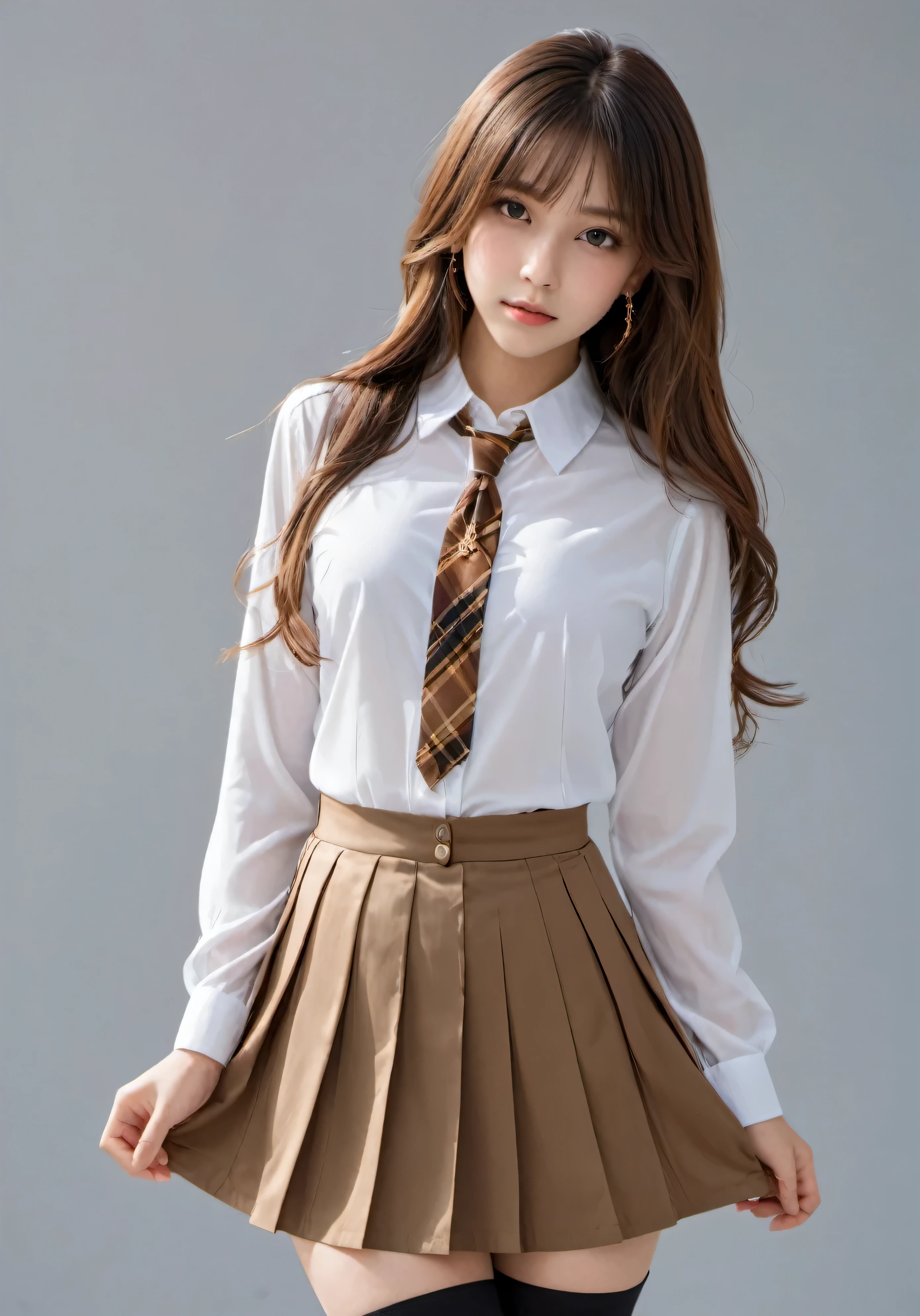 photograph, disorganized, High resolution, super detailed, maid girl,:d,((Hair with loose waves inside:1.2)),((gold necklace＿Large earrings:1.2)),((Super long brown hair:1.2))、((white long sleeve button up blouse_with collar_Remove up to the second button＿brown pleated mini skirt:1.3)),