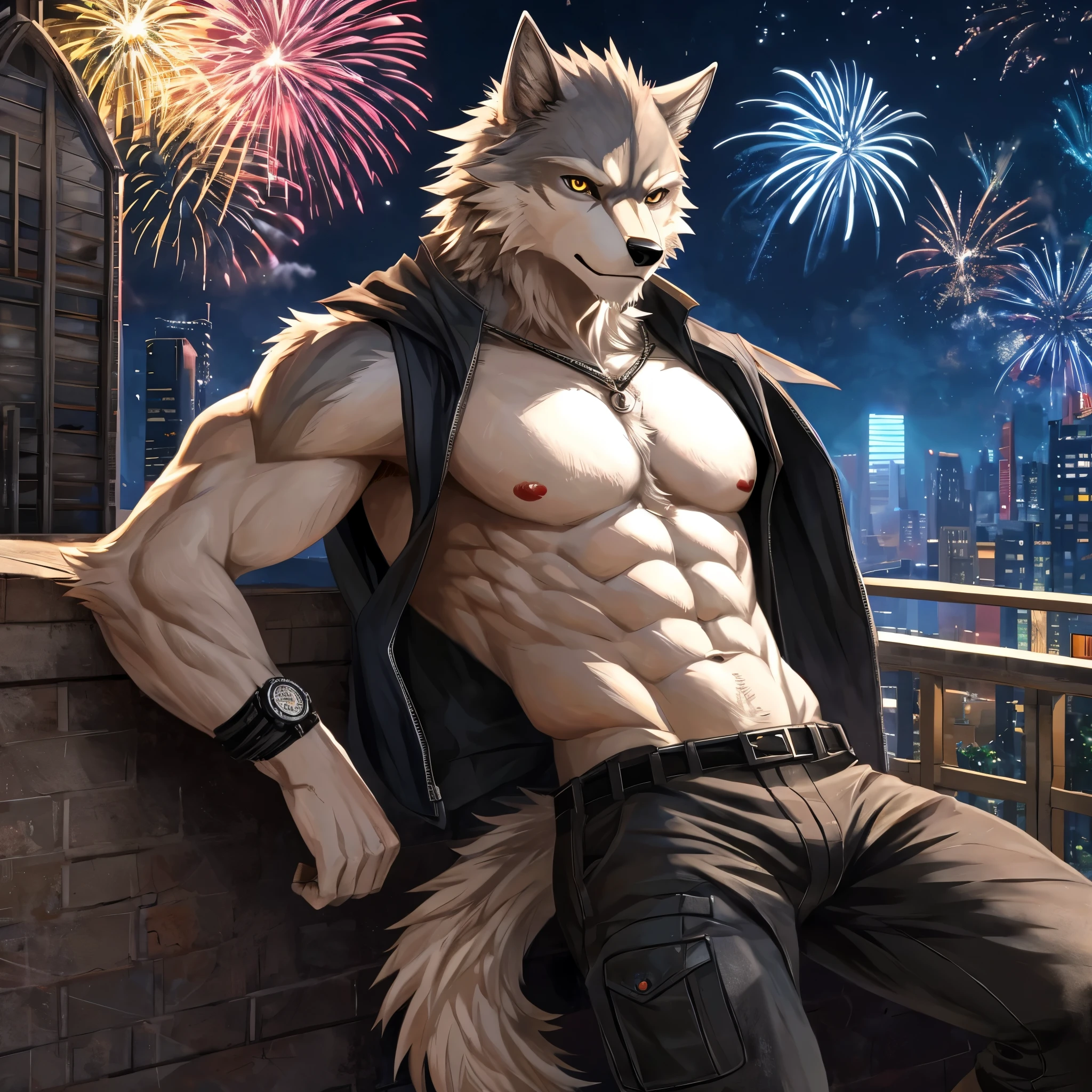 furry, male, anthro, (Wolf Tail), solo, (Realistic eye details:1.2), (beautiful detailed eyes), anime character there is a wolf male, alone, cool pose, moderate intensity body, golden eyes, combat black shirt, combat gloves, Hair coiled, combat pants, Handsome, nice, Watch fireworks, Leaning on the rooftop, evening, Leisure relaxation background, perfect anatomy,realistic anatomy, full body like, slim body, good looking, abs, muscular, anime style, 8k, 4k anime wallpaper, anime art wallpaper 8 k, 2 d art, 2d art, anime art wallpaper 4k, detail art