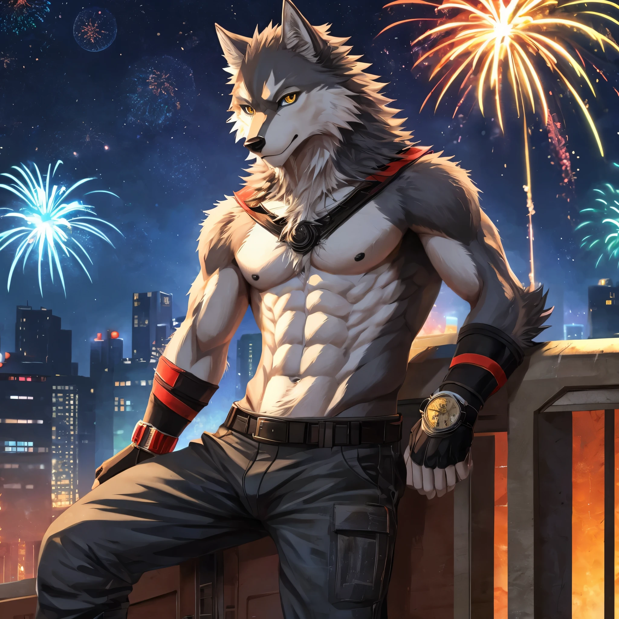 furry, male, anthro, (Wolf Tail), solo, (Realistic eye details:1.2), (beautiful detailed eyes), anime character there is a wolf male, alone, cool pose, moderate intensity body, golden eyes, combat black shirt, combat gloves, Hair coiled, combat pants, Handsome, nice, Watch fireworks, Leaning on the rooftop, evening, Leisure relaxation background, perfect anatomy,realistic anatomy, full body like, slim body, good looking, abs, muscular, anime style, 8k, 4k anime wallpaper, anime art wallpaper 8 k, 2 d art, 2d art, anime art wallpaper 4k, detail art