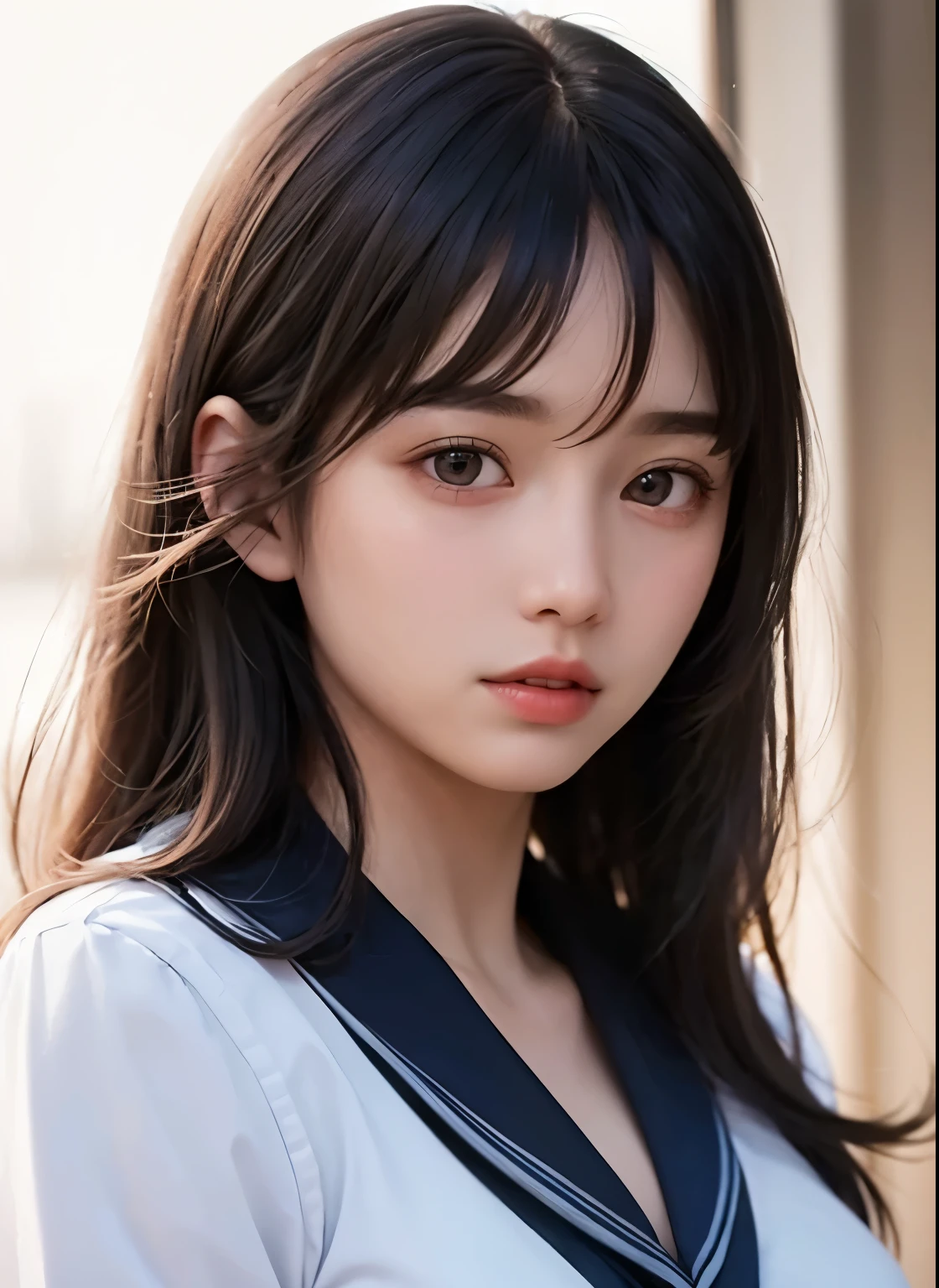 (1 nogizaka girl,teenager,raw photo,photo realistic:1.5),(best quality, high quality,HDR, highest quality,ultra high resolution,high resolution,high res,ultra high difinition,huge file size,8K,2K wallpaper,8K wallpaper,high quality texture,amazing,an extremely delicate and beautiful:1.3),one girl, k-pop idol,beautiful face,portrait,blurry background,(school uniform:1.3),white skin,pale skin,clear skin,black hair,black eyes,big eyes,cute eyes,cleavage,huge breasts,(Light Particles, Lens Flare, Luminous Particles: 0.7),looking at viewer,bright lighting,professional lighting