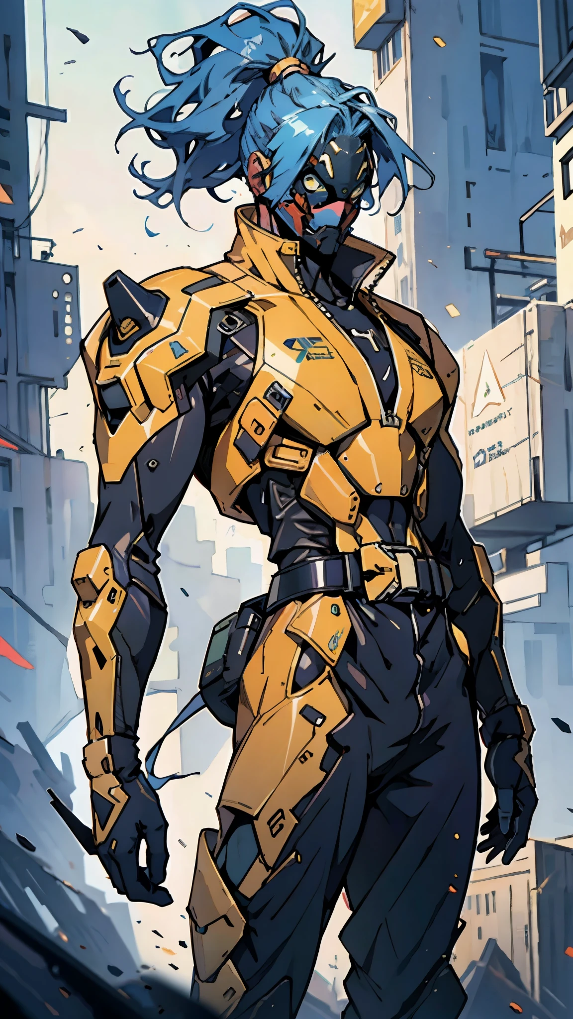 A man with blue hair tied in a ponytail, his face concealed by a falcon concept mask, full mask, stands tall and imposing, a futuristic sci-fi style short jacket, a dark bodysuit, matching trousers, a belt cinched at the waist, colorful gloves, he stands atop a futuristic high-rise, city night view, this character embodies a finely crafted futuristic sci-fi style masked hero in anime style, exquisite and mature manga art style, high definition, best quality, highres, ultra-detailed, ultra-fine painting, extremely delicate, professional, perfect body proportions, golden ratio, anatomically correct, symmetrical face, extremely detailed eyes and face, high quality eyes, creativity, RAW photo, UHD, 32k, Natural light, cinematic lighting, masterpiece-anatomy-perfect, masterpiece:1.5