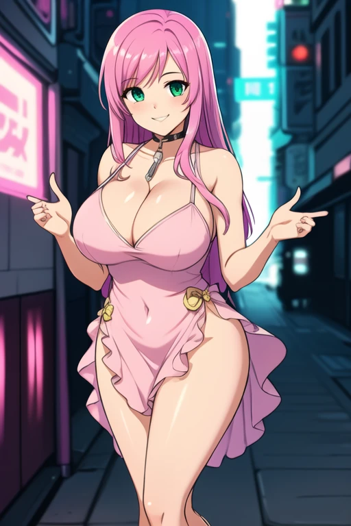1 girl, 19 years old, Long pink hair, green eyes with slit pupils, master-piece, best quality, (standing up), (pink dress), (short pink dress, pink heels, cleavage), (Big , ultra gigantic , Super super big, Glamorous body), Make eye contact with the camera, front figure, looking forward, (light_Smile:1.5), (Detailed hands and fingers:1.2) (Cyberpunk City), (FULL BODYSHOT), thighs thighs thighs thighs、beauty legs、