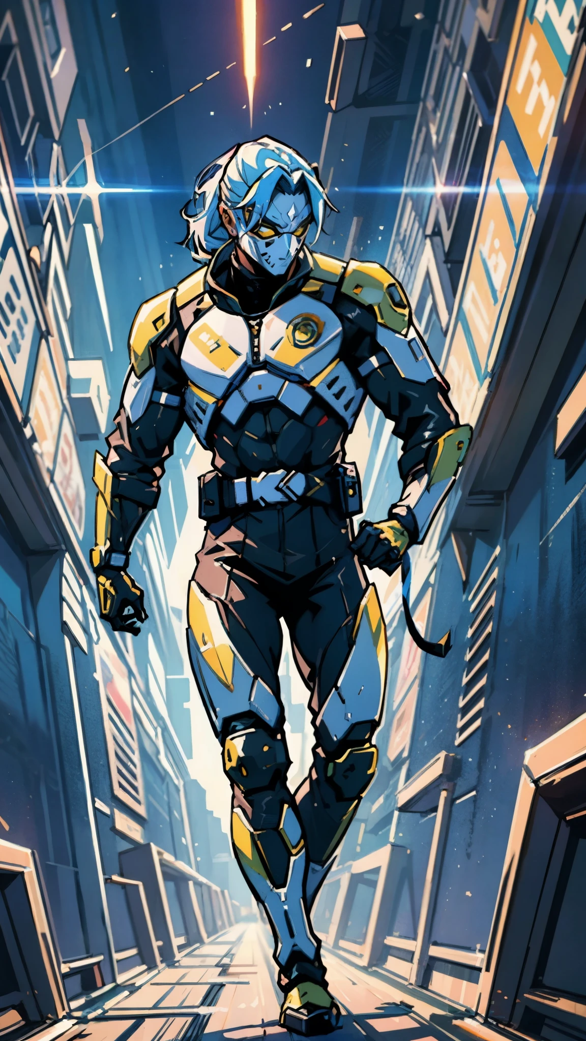 A man with blue hair tied in a ponytail, his face concealed by a falcon concept mask, full mask, stands tall and imposing, a futuristic sci-fi style short jacket, a dark bodysuit, matching trousers, a belt cinched at the waist, colorful gloves, he stands atop a futuristic high-rise, city night view, this character embodies a finely crafted futuristic sci-fi style masked hero in anime style, exquisite and mature manga art style, high definition, best quality, highres, ultra-detailed, ultra-fine painting, extremely delicate, professional, perfect body proportions, golden ratio, anatomically correct, symmetrical face, extremely detailed eyes and face, high quality eyes, creativity, RAW photo, UHD, 32k, Natural light, cinematic lighting, masterpiece-anatomy-perfect, masterpiece:1.5