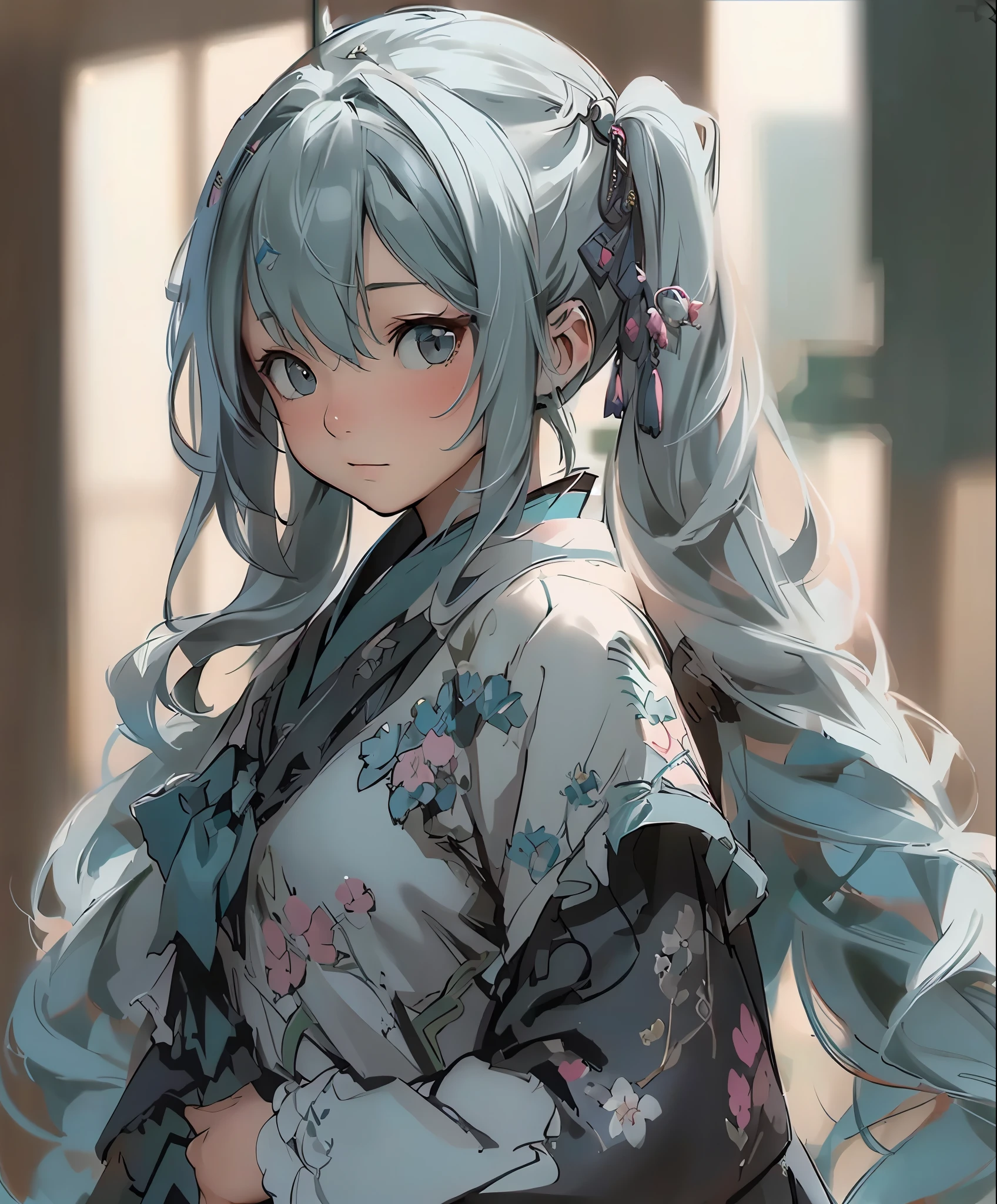 (masterpiece、最高quality、最高quality、official art、beautiful beautiful:1.2)、(1 girl:1.3)Hatsune Miku、twin tails,Big Girl、((The usual eyes))、head of'artwork、優れたquality、je女の子 du sanctuaire、primary school student、gray hair、Sanctuary Background、beautiful background、beautiful hair、beautiful eyeignon Petit、Very cute stuff、quality'top image