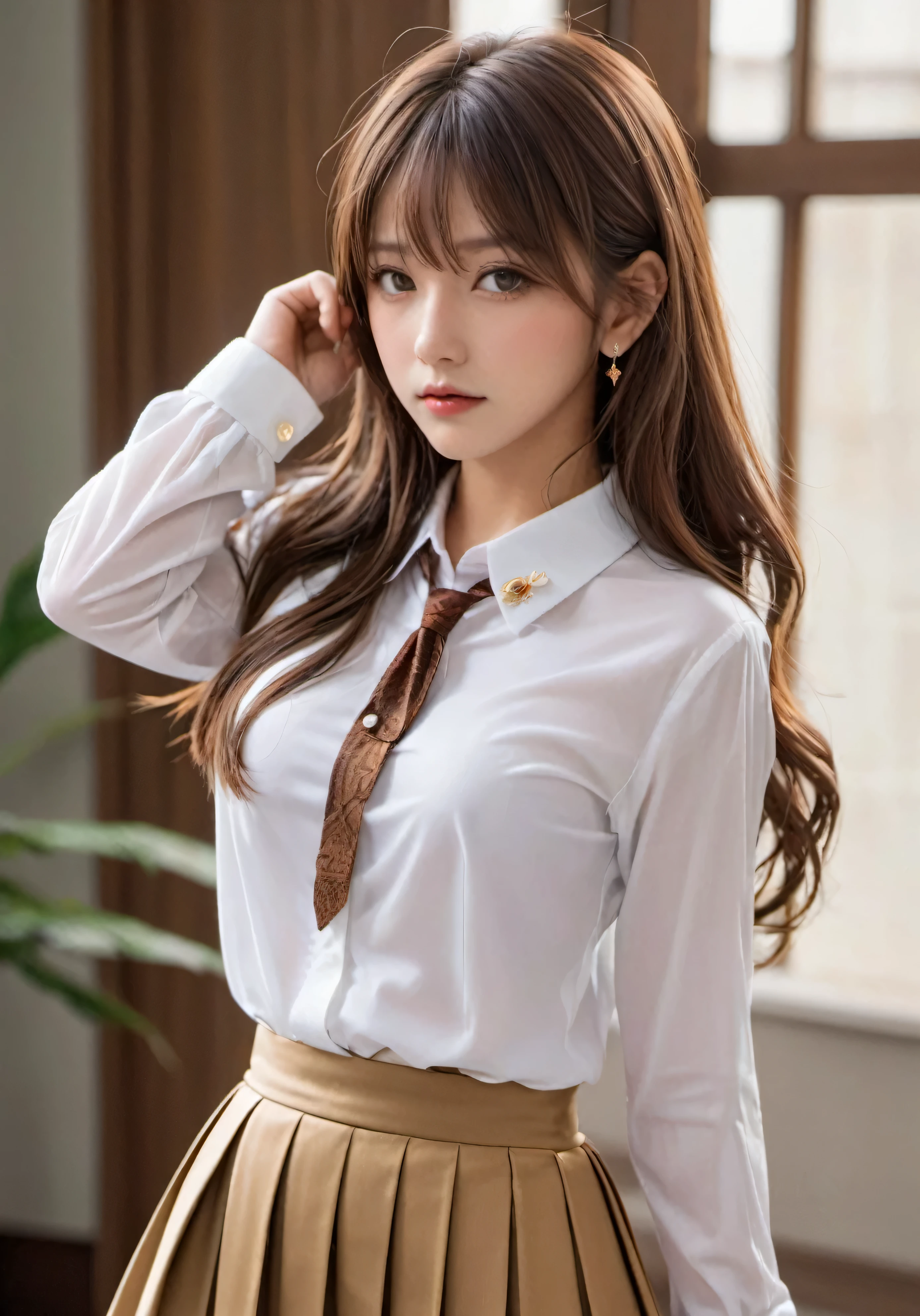 photograph, disorganized, High resolution, super detailed, maid girl,:d,((Hair with loose waves inside:1.2)),((gold necklace＿Large earrings:1.2)),((Super long brown hair:1.2))、((white long sleeve button up blouse_with collar_Remove up to the second button＿brown pleated mini skirt:1.3)),