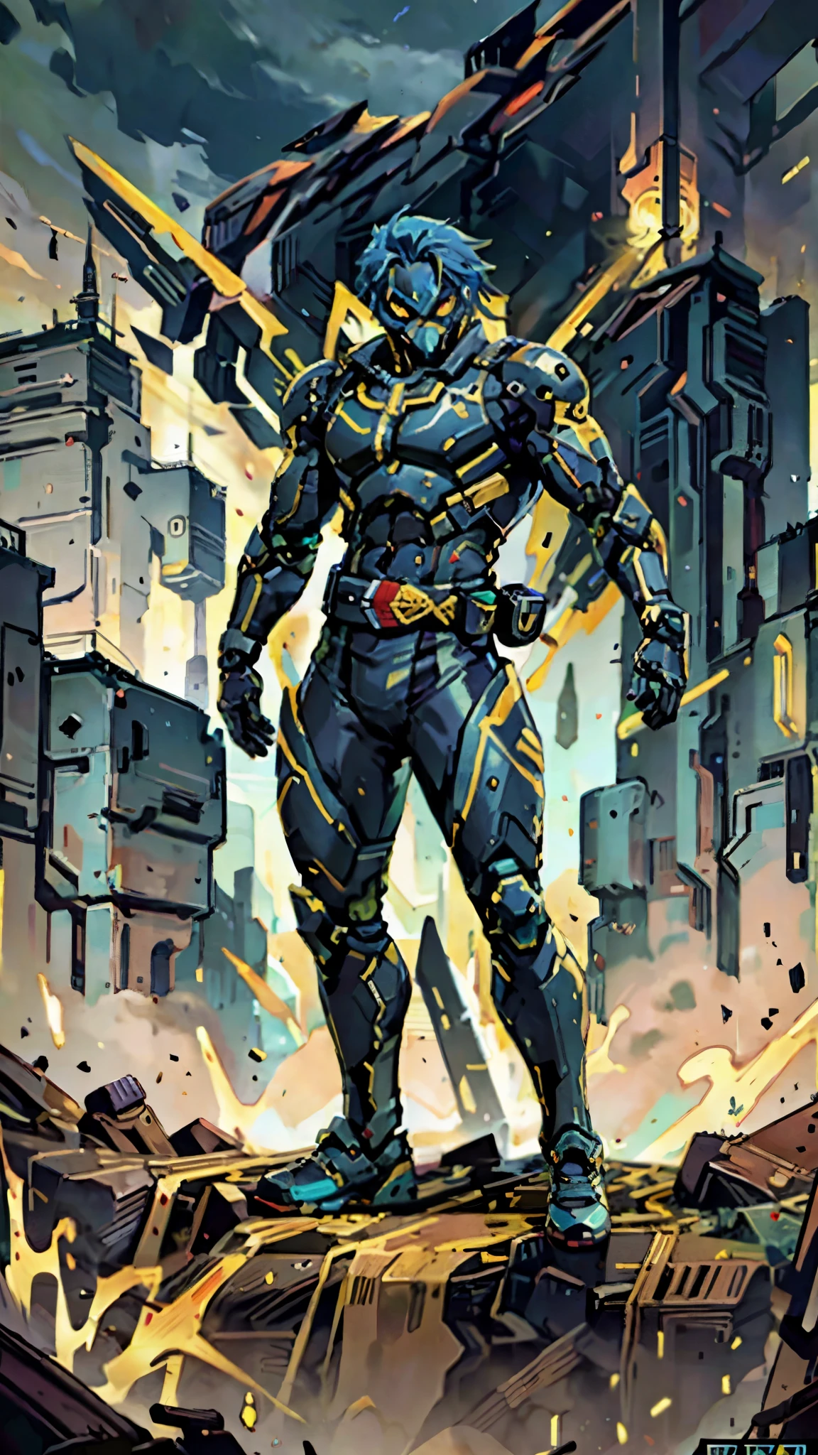 A man with blue hair tied in a ponytail, his face concealed by a falcon concept mask, full mask, stands tall and imposing, a futuristic sci-fi style short jacket, a dark bodysuit, matching trousers, a belt cinched at the waist, colorful gloves, he stands atop a futuristic high-rise, city night view, this character embodies a finely crafted futuristic sci-fi style masked hero in anime style, exquisite and mature manga art style, high definition, best quality, highres, ultra-detailed, ultra-fine painting, extremely delicate, professional, perfect body proportions, golden ratio, anatomically correct, symmetrical face, extremely detailed eyes and face, high quality eyes, creativity, RAW photo, UHD, 32k, Natural light, cinematic lighting, masterpiece-anatomy-perfect, masterpiece:1.5