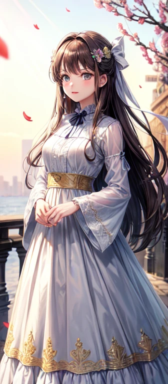 (long dress, embroidery, ribbons, bows, jewelry, petals, has long brown hair, green eyes