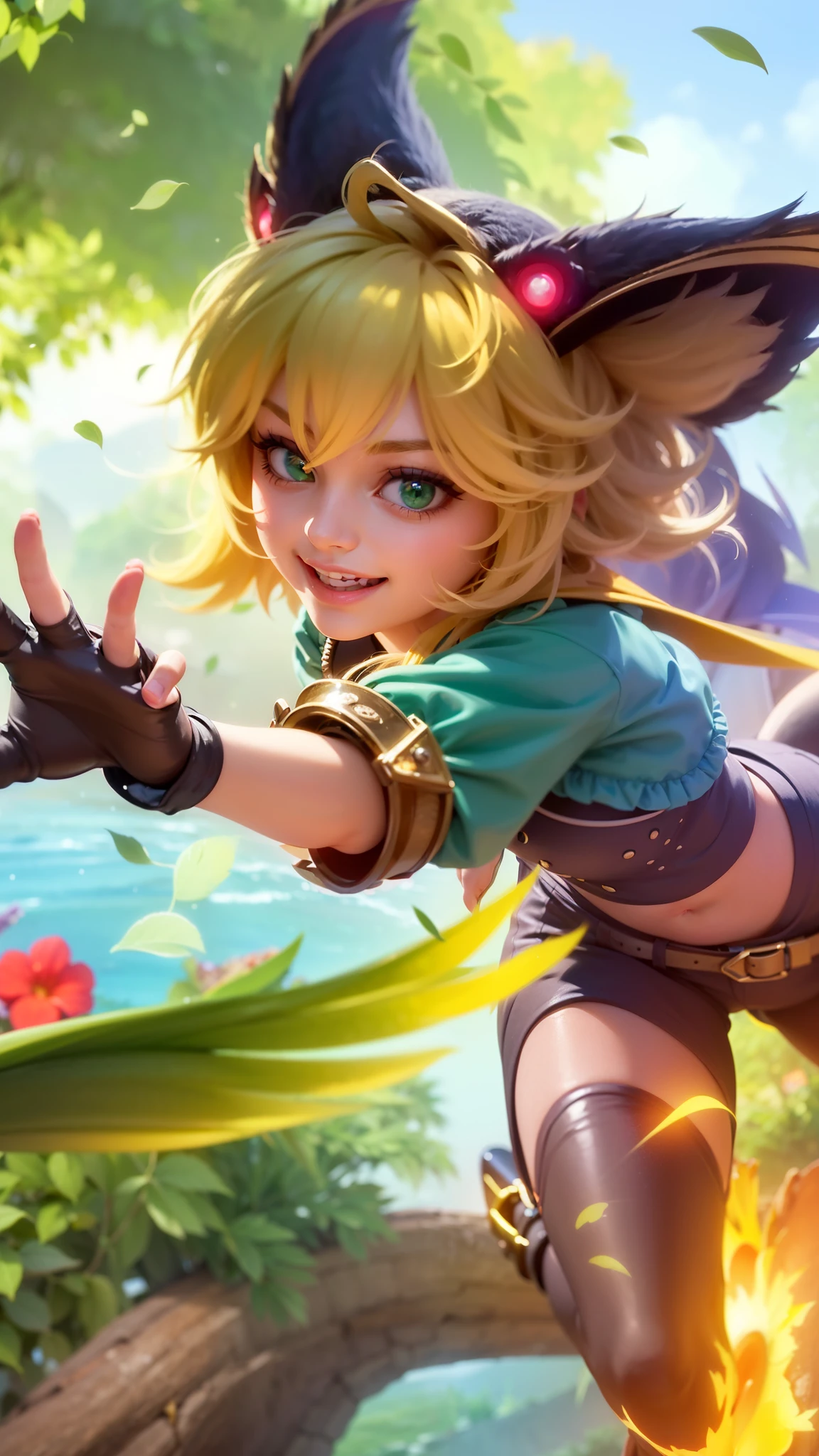 a girl with a cat hat and gloves, 8k, ultra hd, ultra detailed texture, hyper realistic, masterpiece, detailed texture, detailed face, detailed skin, detailed lighting, (photorealistic:1.5), best quality, beautiful lighting, cinematic lighting, professional lighting, ultra highres, realistic, detailed hair, real hair, high quality, (realskin:1.5), extremely detailed, finely detail, ultra-detailed, green eyes, smile.