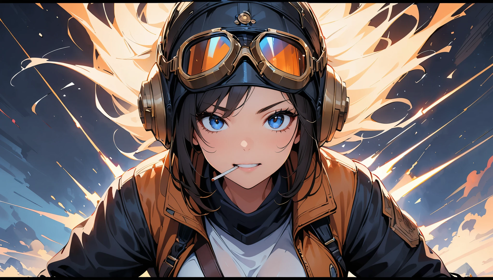 (highest quality, 4k, 8K, High resolution, masterpiece:1.2), Super detailed, one person, woman, steampunk design, Aviator Cap, goggles, flight jacket, In the cockpit, face up shot, Eyes on the Instruments, Bouncing gauge needles, Meters on the entire cockpit, vapor, cigarette, powerful stroke, high contrast, Heroic portrait, adrenaline rush, Detailed weapons, strength, impact, energy, Violent, タバコを咥えたwoman。