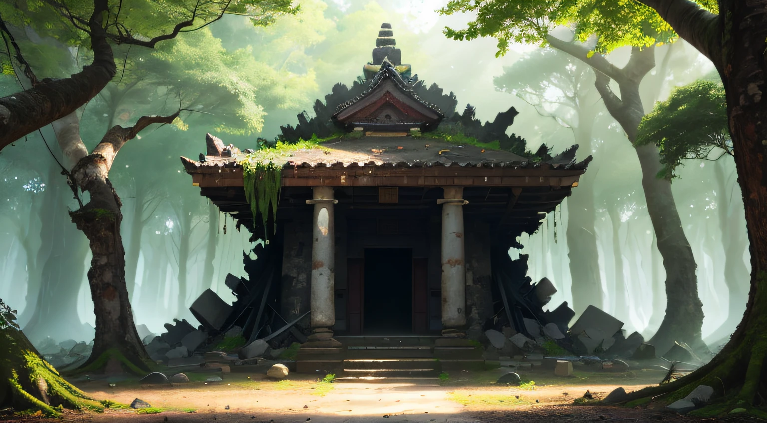 (realistic), masterpiece, daylight, sunlight, (best quality), ((forest)), dark, big forest, trees, rocks, leaves, Deviant Art popular, 8k ultra-realistic, soft lighting, landscape orientation, temple ruins inside forest, stone ground in the center, background: temple ruins, stones, grove in the background, runis of temple pillars, ruins of temple columns, (((destroyed temple))),