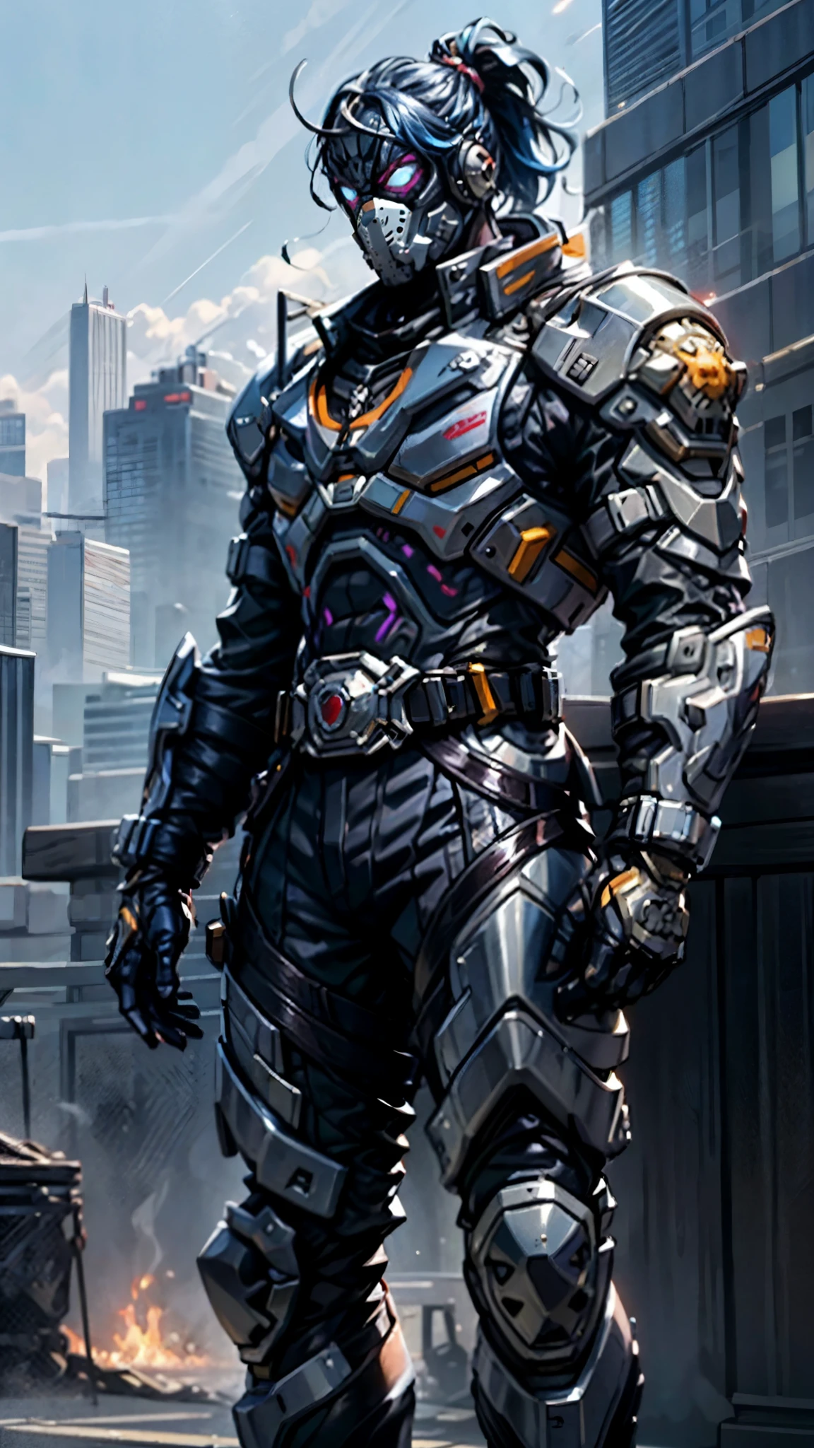 A man with blue hair tied in a ponytail, his face concealed by a falcon concept mask, full mask, stands tall and imposing, a futuristic sci-fi style short jacket, a dark bodysuit, matching trousers, a belt cinched at the waist, colorful gloves, he stands atop a futuristic high-rise, city night view, this character embodies a finely crafted futuristic sci-fi style masked hero in anime style, exquisite and mature manga art style, high definition, best quality, highres, ultra-detailed, ultra-fine painting, extremely delicate, professional, perfect body proportions, golden ratio, anatomically correct, symmetrical face, extremely detailed eyes and face, high quality eyes, creativity, RAW photo, UHD, 32k, Natural light, cinematic lighting, masterpiece-anatomy-perfect, masterpiece:1.5