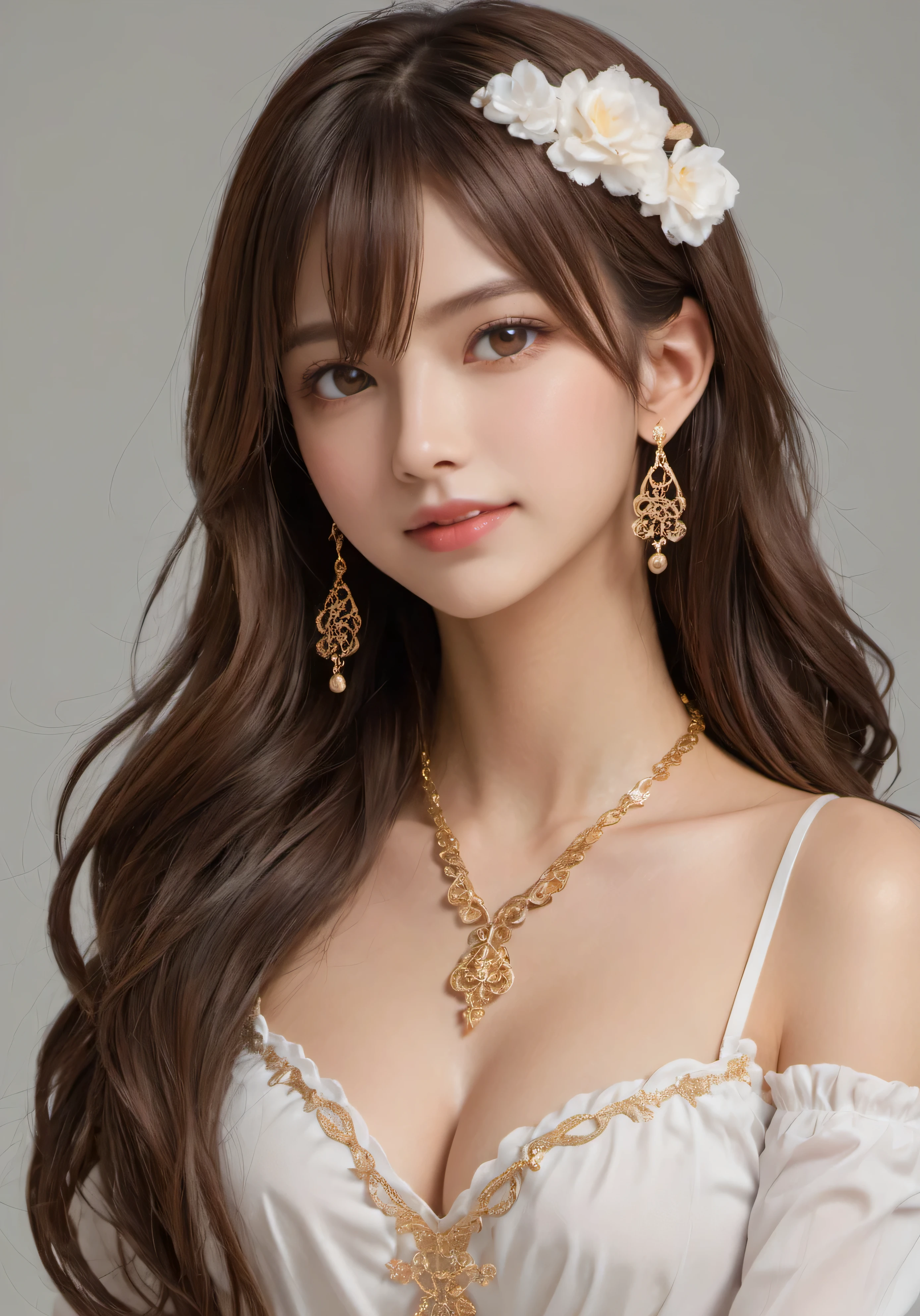 photograph, disorganized, High resolution, super detailed, maid girl,:d,((Hair with loose waves inside:1.2)),((gold necklace＿Large earrings:1.2)),((Super long brown hair:1.2))