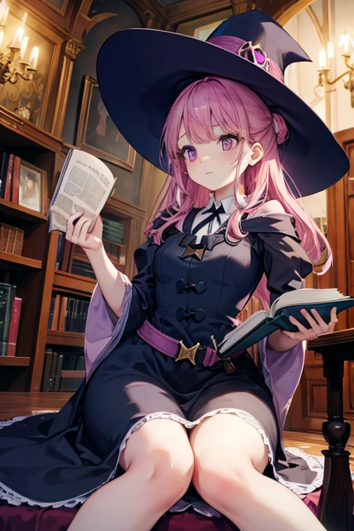 A pink haired female witch with violet eyes with an hourglass figure in a victorian style dress is picking out a book