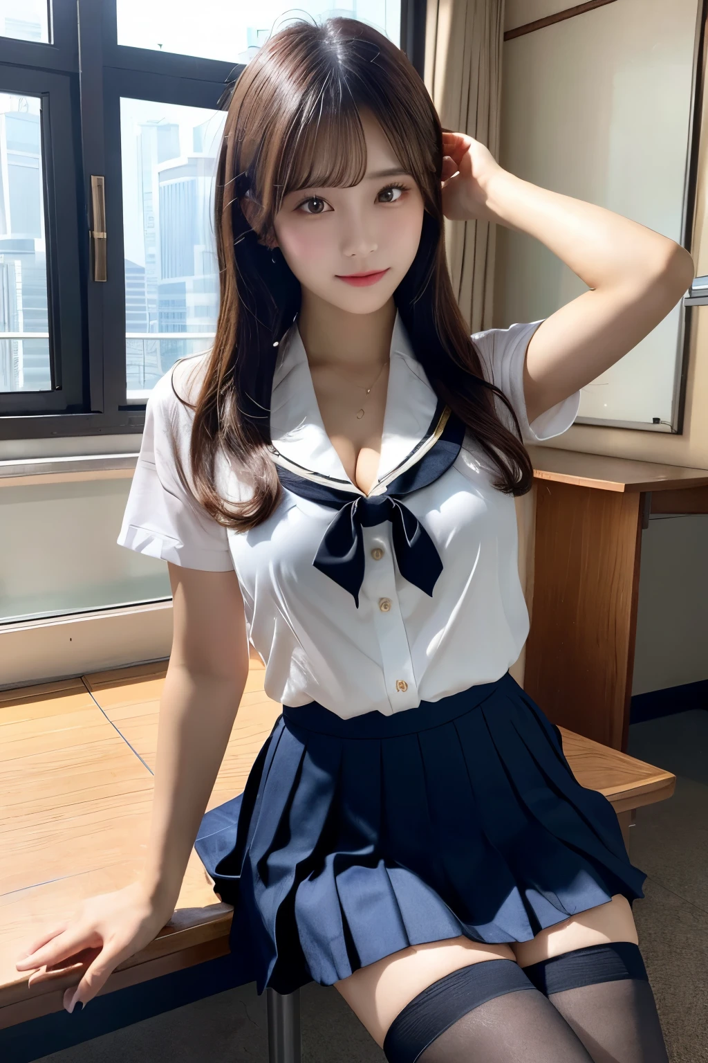 master piece，best quality，super detailed，enlightenment，colorful，fallen color，Depth of the bounds written，lens flare glow，1 girl，beauty of hong kong，royal sister style，sexy style，sat down，brunette colored hair，looking at the viewer，School，classroom，pleated mini skirt，uniform，serafuku，black pantyhose，detailed skin texture，fine cloth texture，gentle and delicate features，（expose cleavage），medium breasts