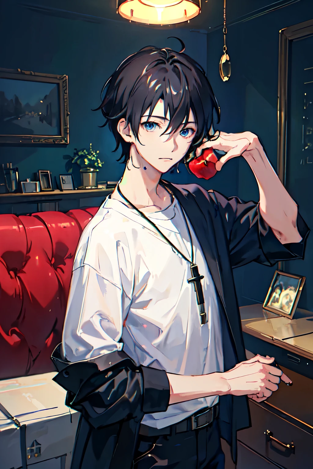 1 boy, apple, bag, bangs, berry, black hair, black shirt, blue eyes, hair between eyes, jewelry, leaf, looking at the viewer, male focus, necklace, pants, shirt, alone, clock, white pants, wristclock, messy hair, Trending with ArtStation, 8K resolution, very detailed, anatomically correct, clear image, digital painting, concept art, It's trending on pixiv, Makoto Shinkai's style,