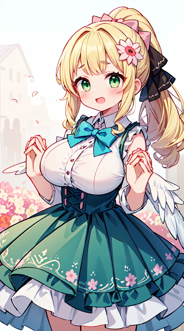 (masterpiece, highest quality, highest quality, official art, beautiful and aesthetic:1.2),Super detailed,intricate details,great illustrations,award winning art,in the atmosphere,
break, 1 beautiful girl, girl, (cute:1.5),(Chibi:0.5),(cute:2.0),(change:2.0),( girl),(big breasts:1.65),(chin hair,blonde,blue bow,green eyes,eyebrows visible through hair,side lock,long hair with bangs parted, hair flower, hair ornaments, big ribbon in hair, curly hair, ponytail:1.6),:he, white feather, Thin, white-winged, Ang he wings, spread your wings, shining wings),pit \black},glowing skin, beautiful skin, Shining beautiful skin, open your mouth, shy smile, alone, tooth, upper teeth,(long eyheashes, double eyheids:1.2),alone, glowing skin, beautiful skin, Shining beautiful skin,(highest quality face),(highest quality shining eyes),(fun, Happy flapping:1.45)
break (White and pink theme:1.5), (white and pink Classical changeta fashion:1.5),(White and pink princess dress decorated with lots of fresh gerberas (In a variety of vibrant colors:1.2):1.5), (voluminous frills:1.3), (Basque West:1.3), ((crinoline, Multi-layered volume frill long skirt) Decorated with lots of fresh gerberas (In a variety of vibrant colors:1.2):1.5), (Intricate floral lace embroidery:1.6), (Princess dress and ruffle skirt Decorated with lots of fresh gerberas (In a variety of vibrant colors:1.2):2.0),(white pink hehes adorned with fresh gerbera flowers in various colors:1.2),(Holding a bouquet of colorful flowers:1.1),
break,(join hands:1.8),(Beautiful detailed background with dazzling sunrise、The grounds of the shrine are covered in snow:1.2),
break,Seaweed,Seaweed,Seaweed,(cowboy shot:1.4),
break,(blurred background:1.3),(absurd, High resolution, super detail art),che shading,clear color, optical effect, beautiful photo, bright shine, mysterious atmosphere,(Close-up of girl:1.1), mysterious light particle effect,Manga influence, beautiful line drawing,