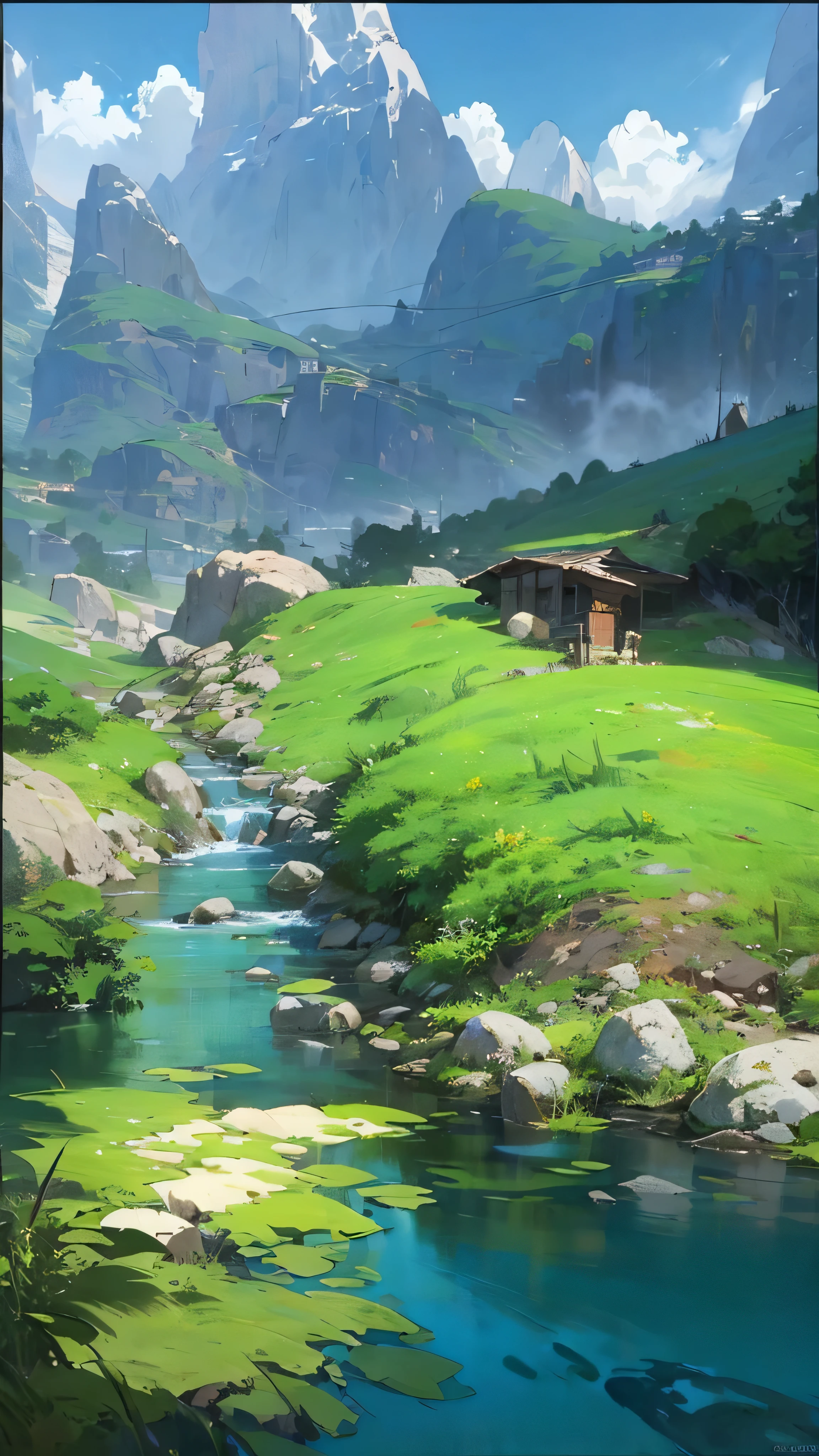 painting of a mountain stream running through a lush green valley, background art, lush valley, anime countryside landscape, anime nature, painted in anime painter studio, anime landscape, scenery artwork, anime nature wallpap, background artwork, anime background art, peaceful landscape, made with anime painter studio, in a mountain valley, environment painting, scenery art detailed, lovely valley, peaceful environment